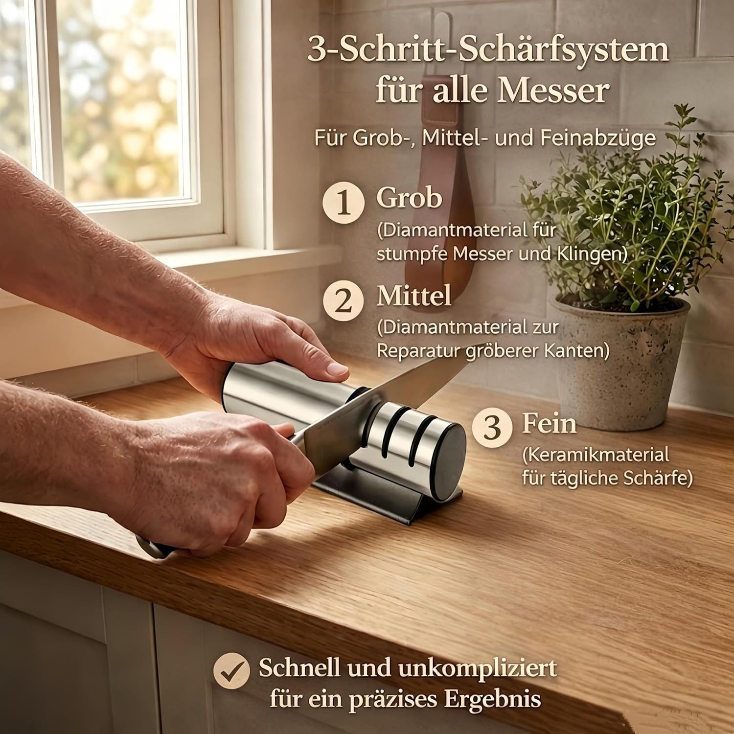 Fyrove Messerschärfer Messerschleifer Messerschärfer 3 Stufen Schleifstein Hand Schärfer, Messerschärfer Rollschleifer mit 2 Diamant-Rollen & 1 Keramik-Rolle – Bild 5 von 5