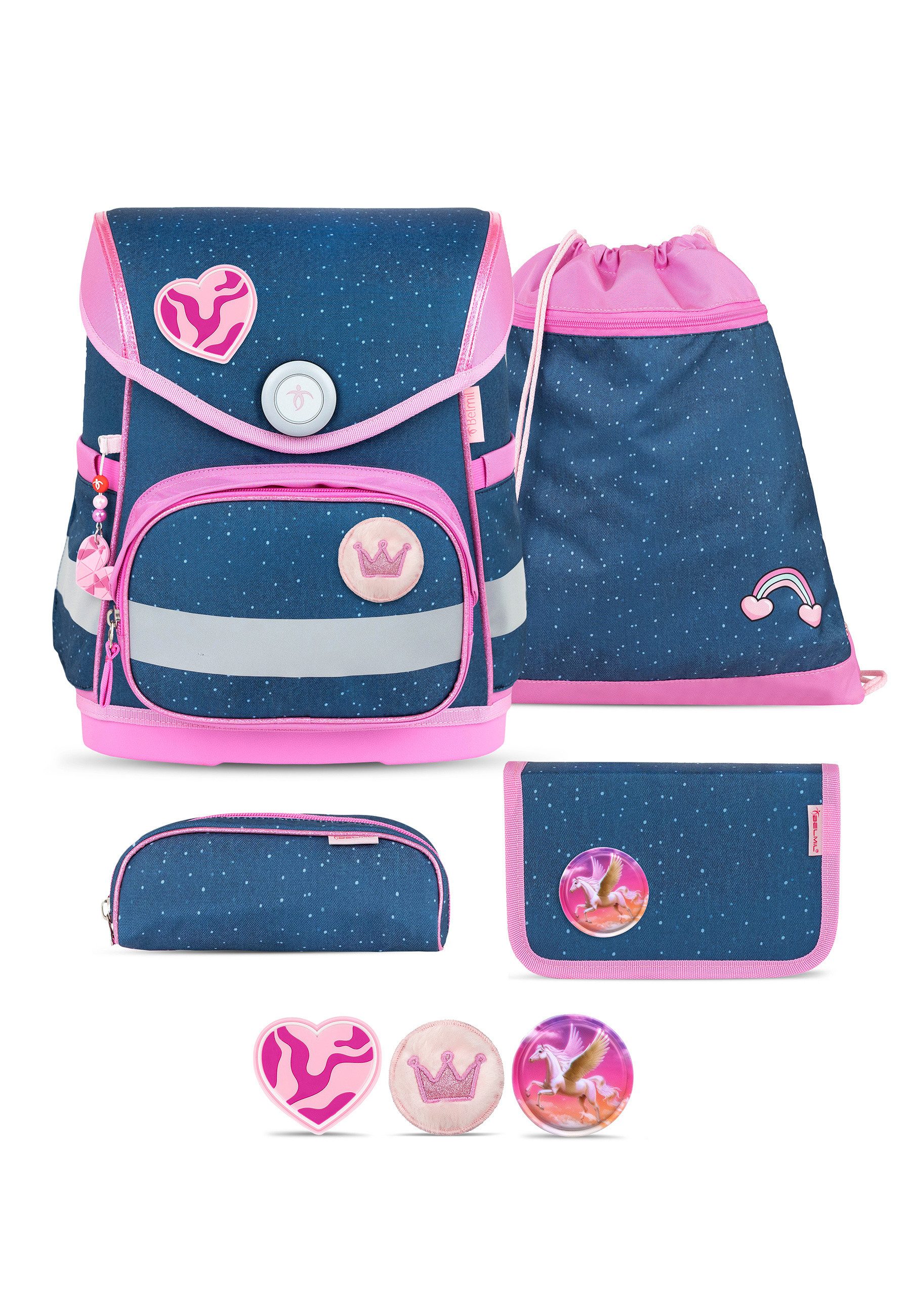 Belmil Schulranzen Schulranzen Set 5 teilig,Compact,Brustgurt,Magnetverschluss,Patches (Schulranzen Set 5 tlg)