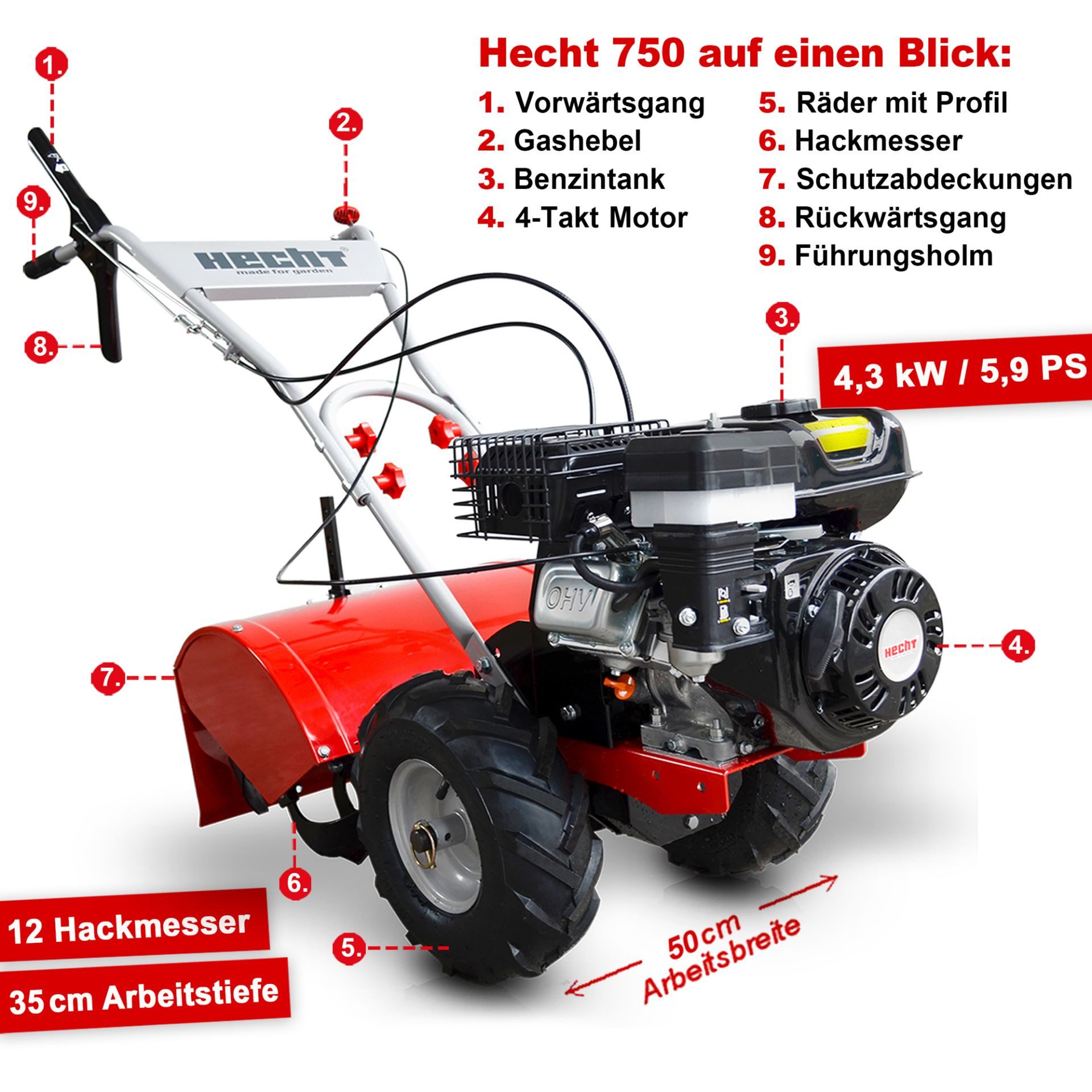 Hecht Benzinmotorhacke Gartenfräse 750, 50,00 cm günstig online kaufen