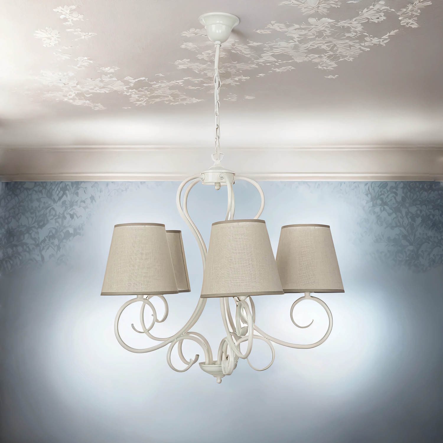 Licht-Erlebnisse Kronleuchter PURATH, ohne Leuchtmittel, Pendelleuchte mit Stoffschirm Weiß Beige 5-flammig E27 elegant