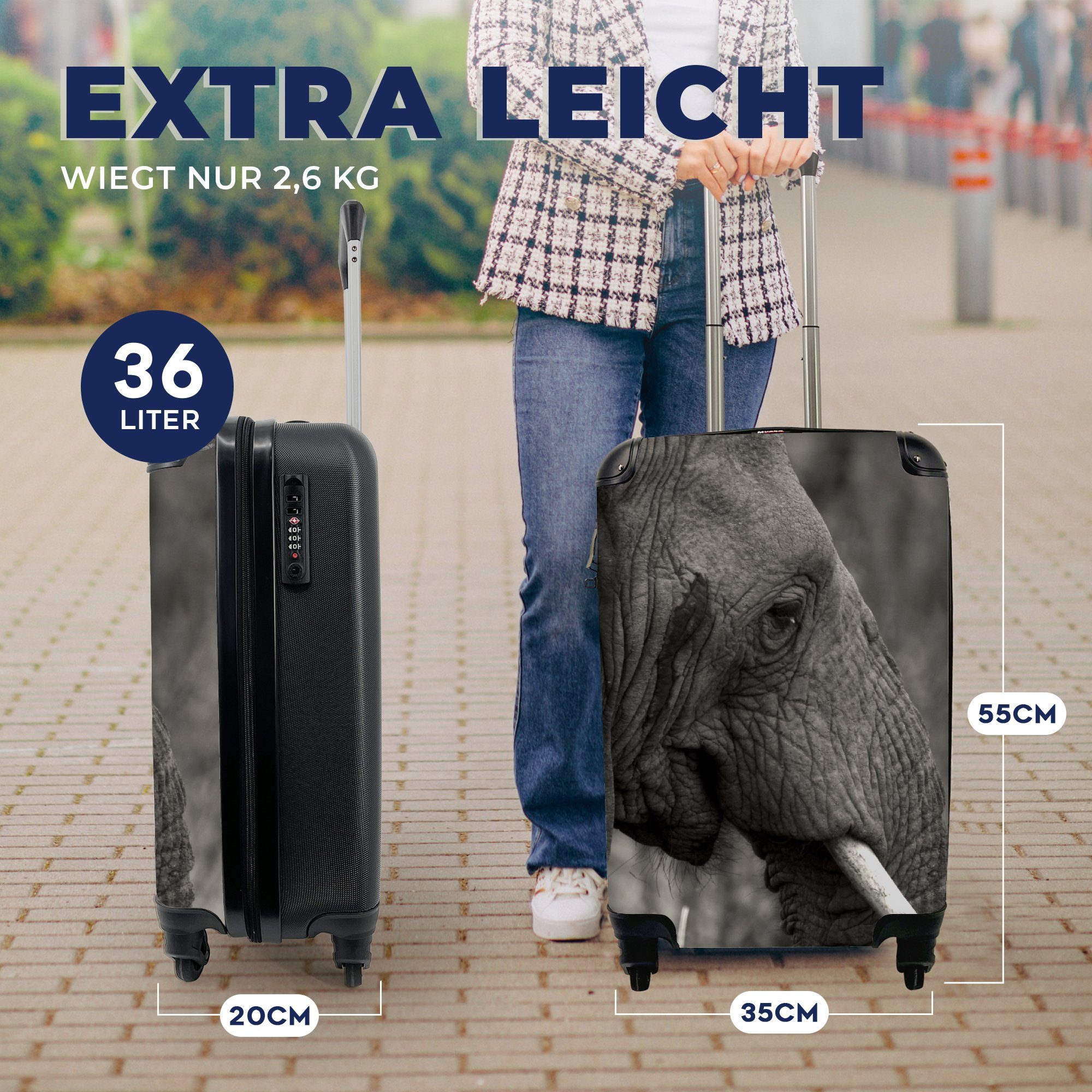 MuchoWow Handgepäckkoffer Tiere - - Trolley, Schwarz - Ferien, Weiß, Reisekoffer für rollen, Handgepäck Rollen, Elefant 4 Reisetasche mit