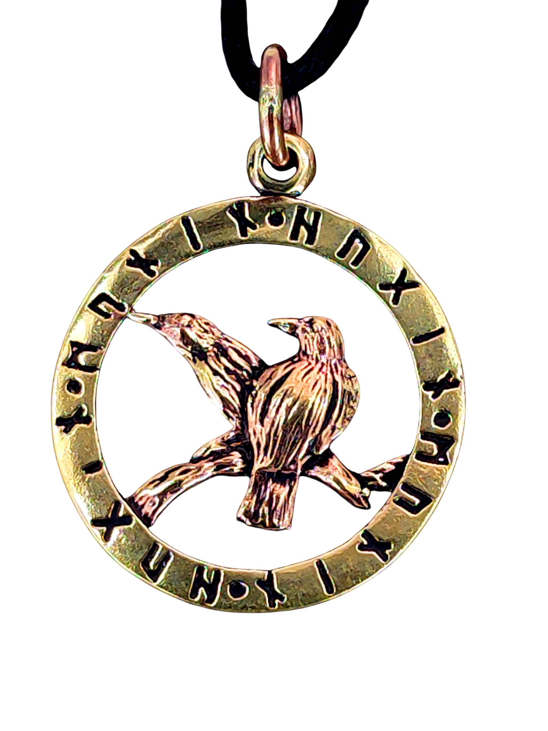 Kettenanhänger Odins Raben Hugin Munin Anhänger Bronze Namen Runen Ring