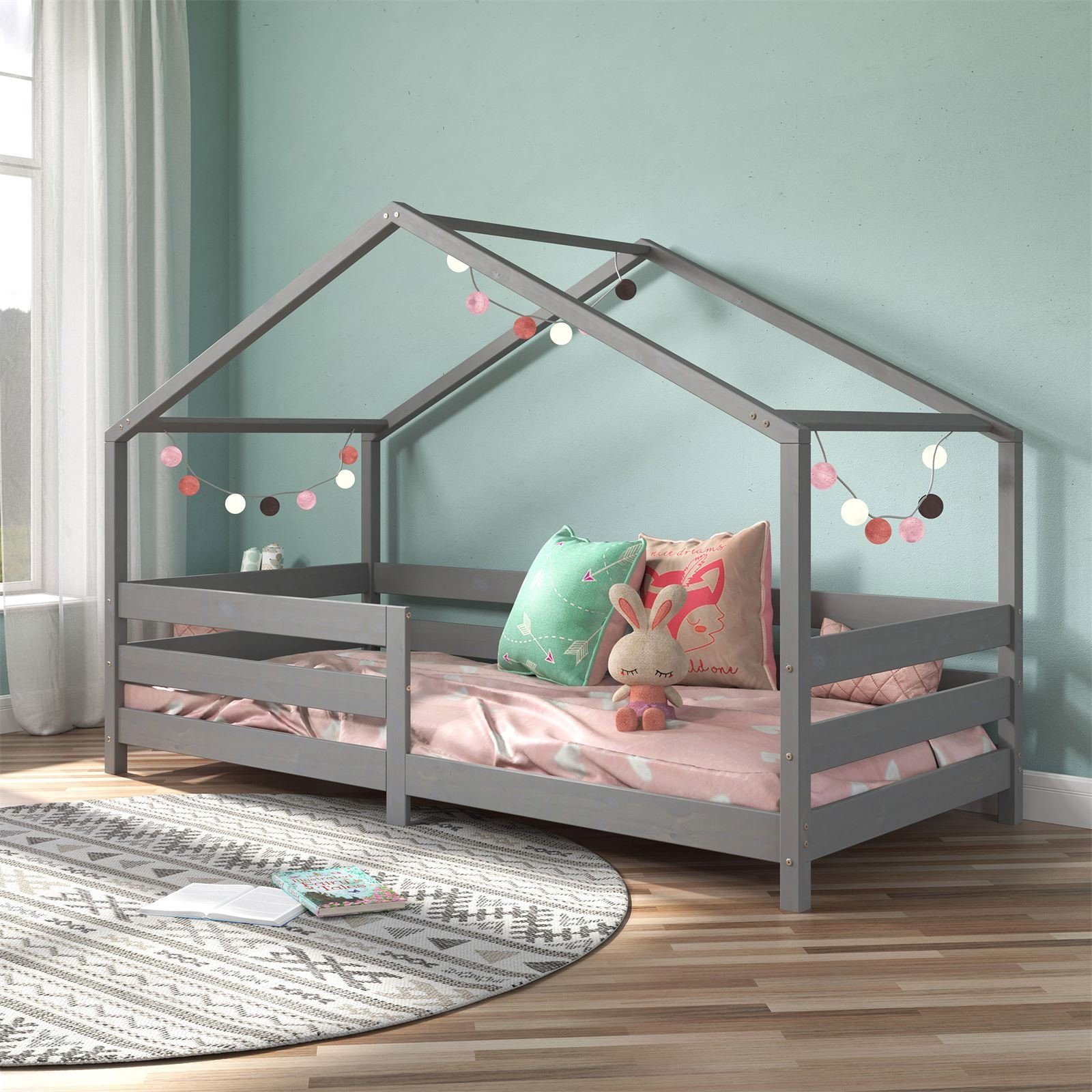 IDIMEX Kinderbett RENA, Hausbett Montessori Bett 90 x 200 Kinderbett Rausfallschutz Kiefer