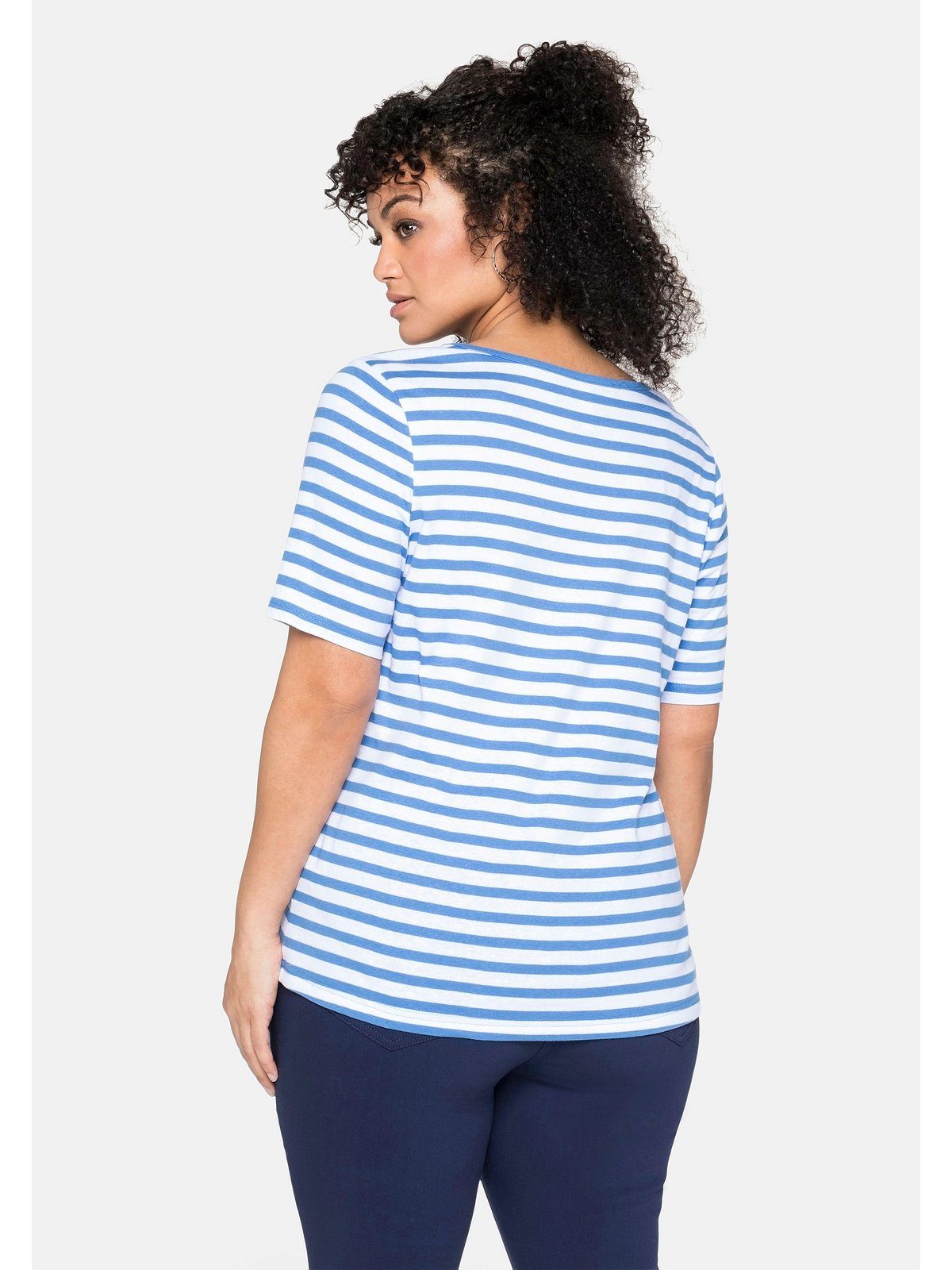 Sheego T-Shirt Große Größen mit garngefärbtem aus jeansblau-weiß Ringel, Rippware