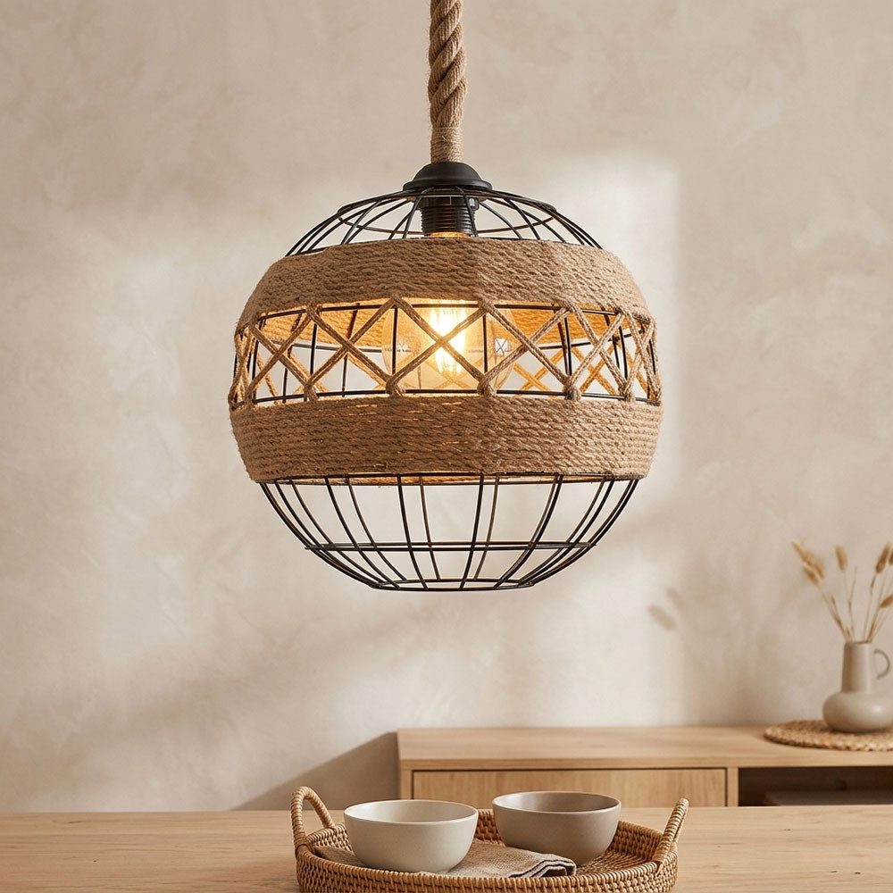 GLOBO LIGHTING LED-Hängeleuchte, Leuchtmittel inklusive, Warmweiß, Pendelleuchte Hängeleuchte Hanfseil Kugel Boho Wohnzimmerleuchte LED