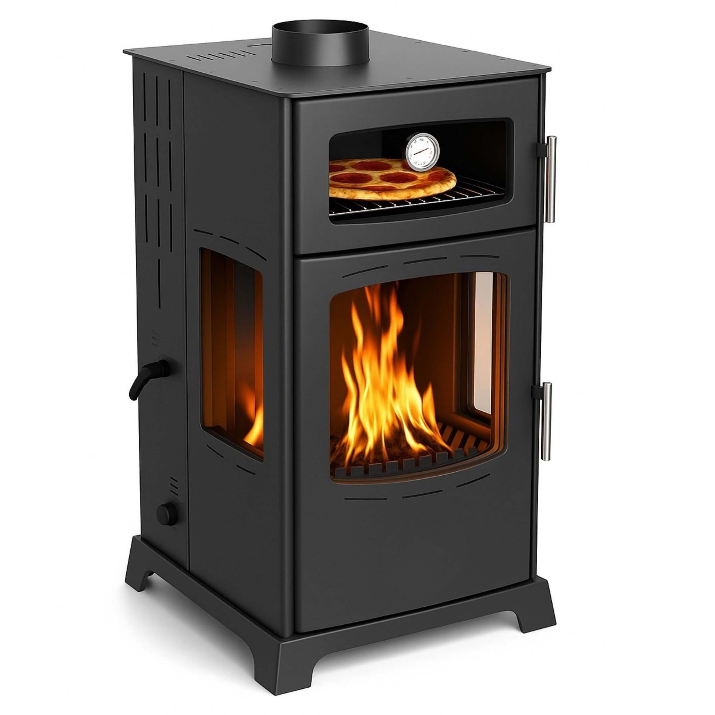 Baba's Kaminofen Gold Plus Hybridofen Pellets und Holz Kombiofen Kaminofen mit Backfach, 12 kW, Dauerbrand, Dauerbrandofen, (3-Scheiben 3 Seitig Verglast Panoramascheibe), Panorama Holzofen Holz Ofen Kamin