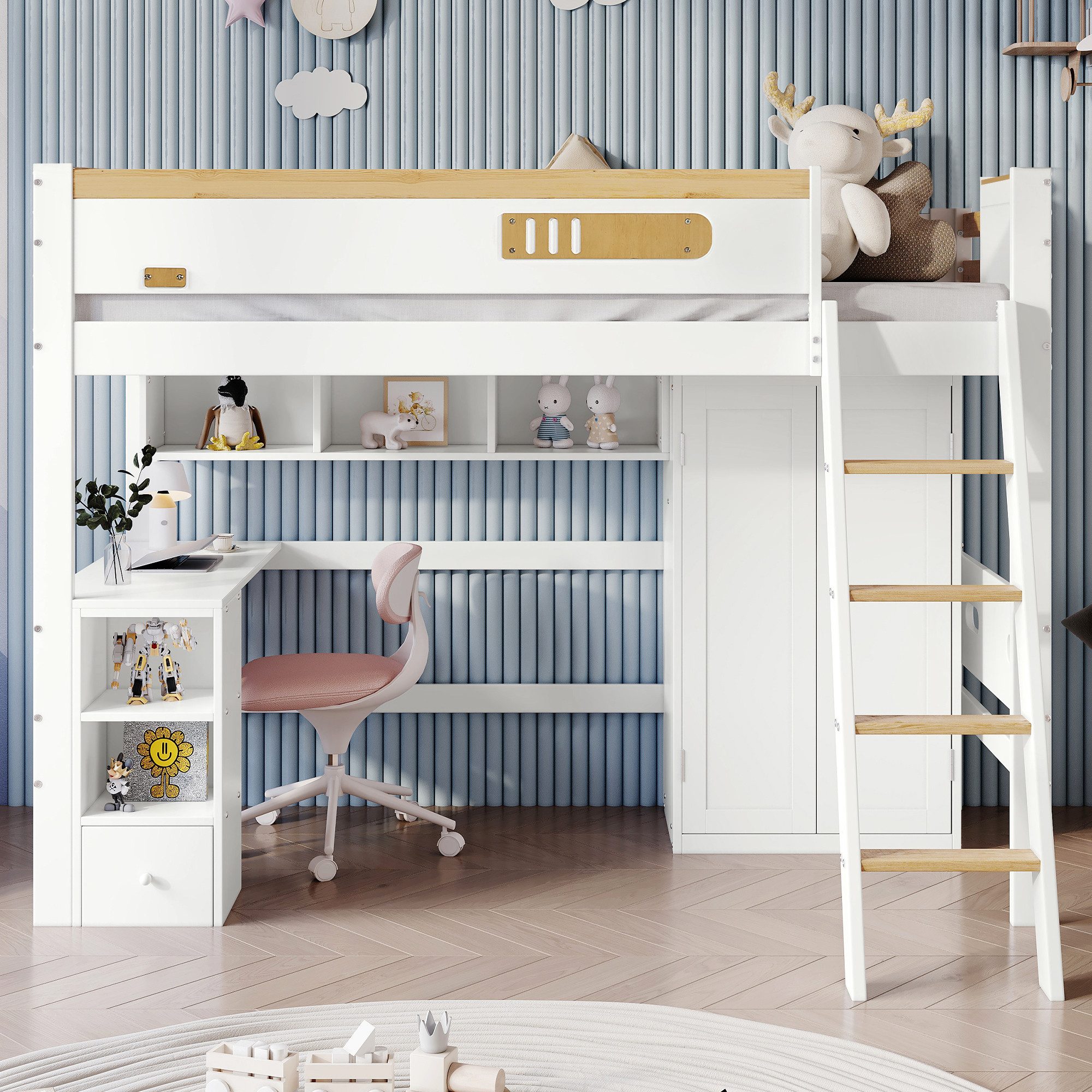 Merax Hochbett 90x200cm mit Rausfallschutz und Leiter Kinderbett mit Schreibtisch, Kleiderschrank und offenen Regale