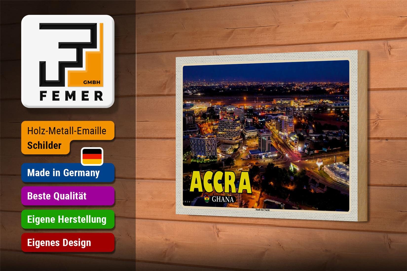 Femer GmbH Holzbild Reise 18x12 cm Accra Ghana Stadt bei Nacht, (1 St), Glatte Holzfaserplatte (MDF), vorn beschichtet