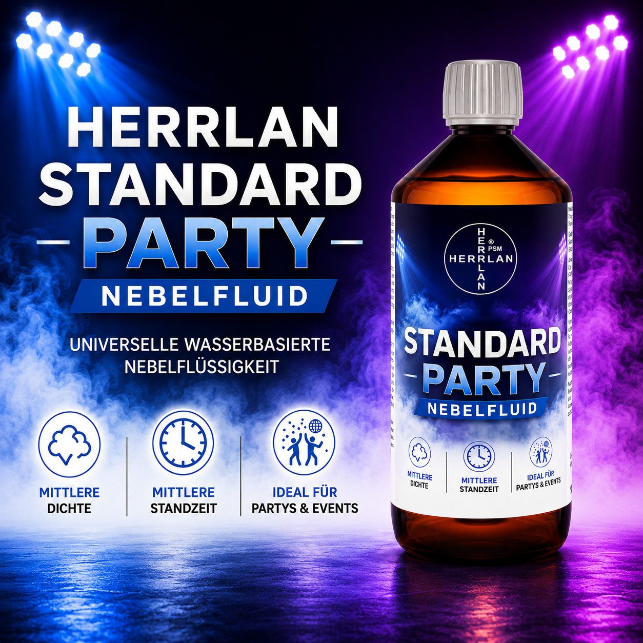 HERRLAN Discolicht STANDARD PARTY Nebelfluid universelle wasserbasierte Nebelflüssigkeit, 1 Liter, mit mittlerer Dichte und Standzeit – Bild 2 von 5