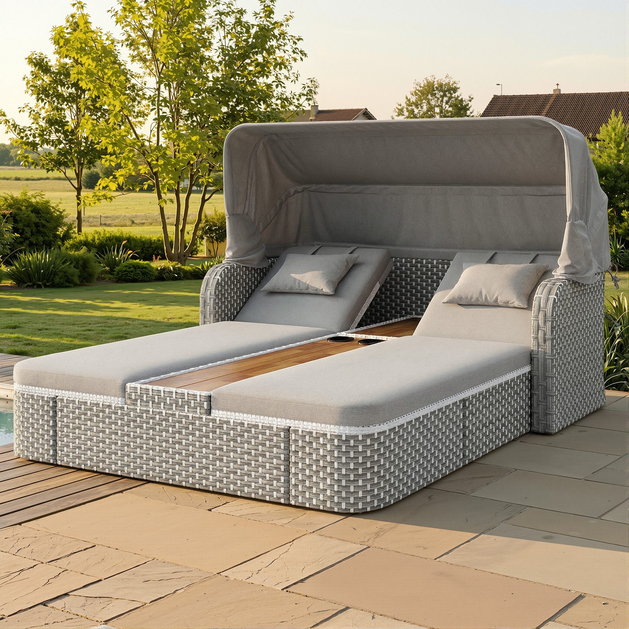 Merax Gartenlounge-Set Polyrattan Sonneninsel, (Wetterfest Für Terrasse Und Balkon, 1-tlg., Relaxsessel aus Akazienholz & PE-Rattan), 2-Sitzer Gartenliege mit verstellbarer Rückenlehne & Getränkehalter