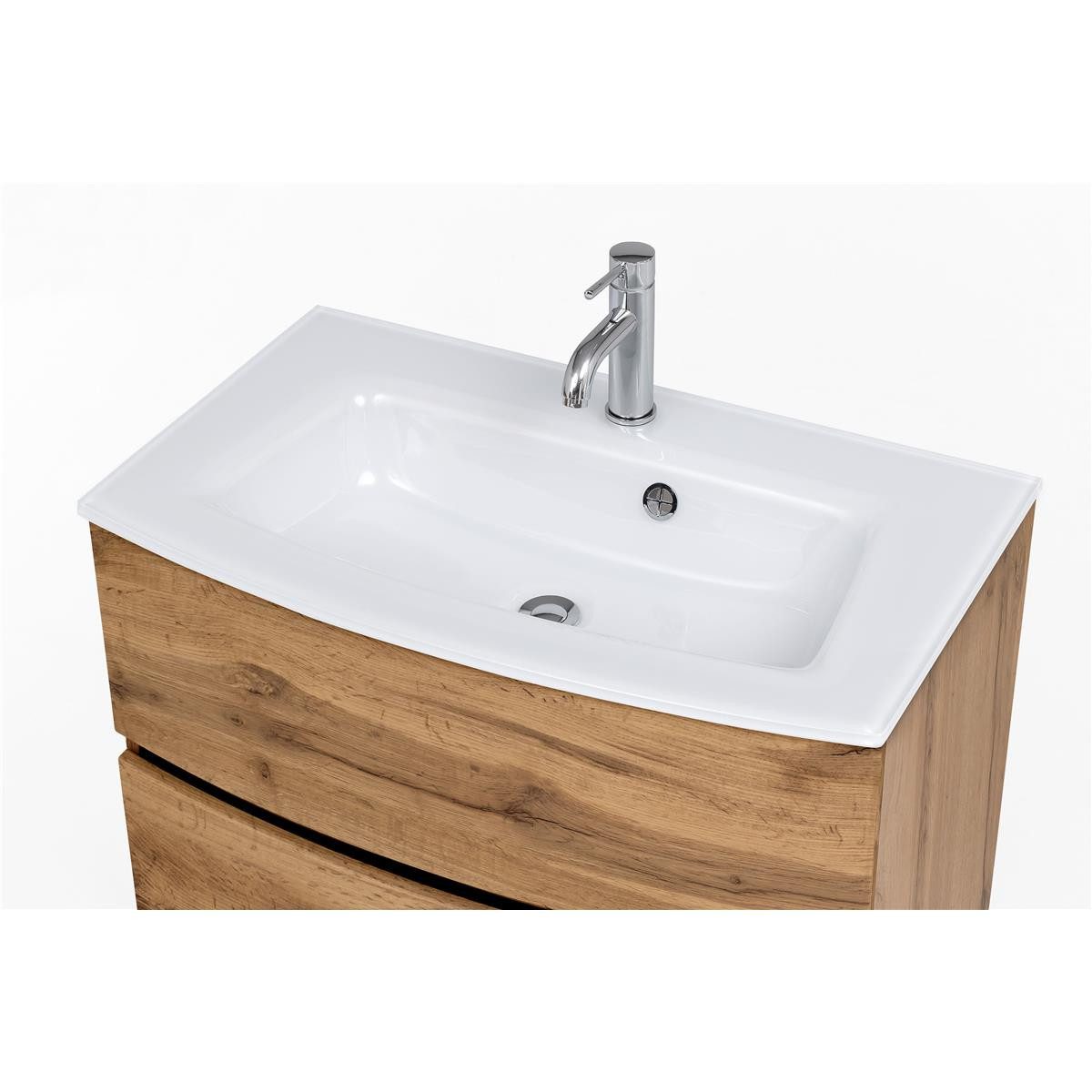 Lomadox Waschtisch LAURIA-03, Wotaneiche Nb. inkl. Glaswaschbecken weiß 80x53x49 cm