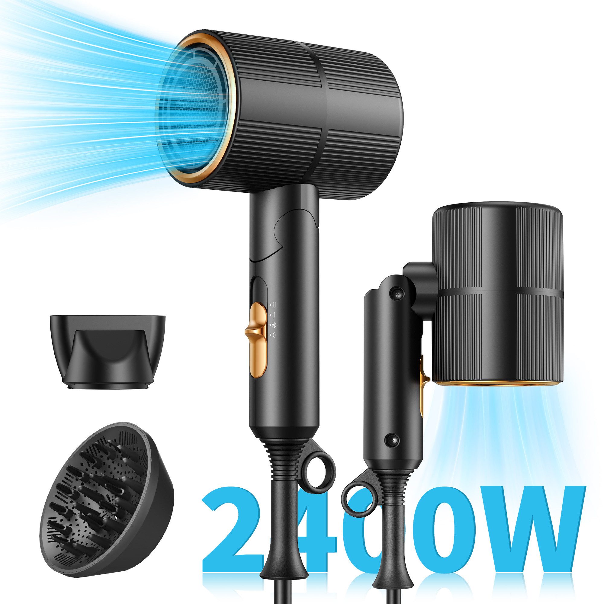 Fyrove Haartrockner Haartrockner Föhn,2026 Haartrockner Ionen mit Diffusor, 2400 W, Konzentrator-Düse, 2400 W, Turbo-Ultra-Leise-Motor, föhn 4-in-1, 4, Heiz&2 Geschwindigkeitsstufen, mit Schnelle Aufheizung