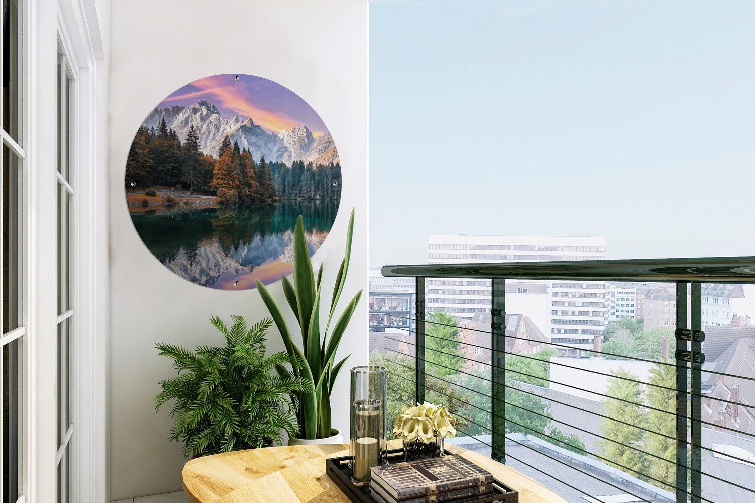 OnlyWow Poster für Garten Berg - Wald - Wasser - Himmel - Rosa - Lila, Gartenposter, Outdoor Bilder, Wetterfest, Garten Deko, 60x60 cm