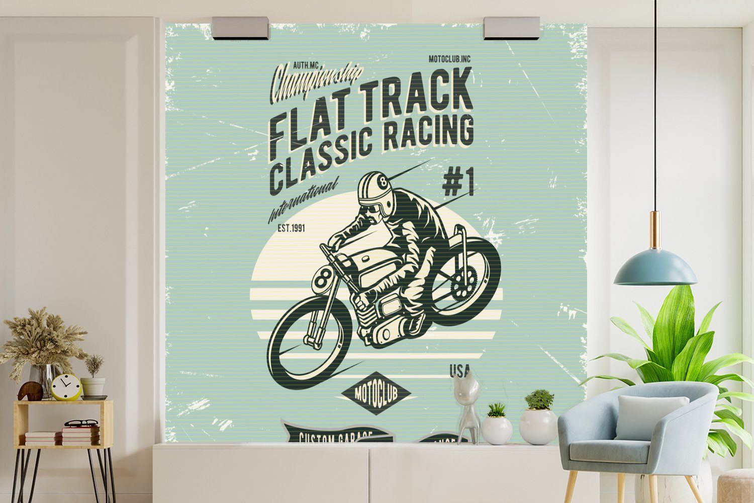 MuchoWow Fototapete Motorrad - Rennen Retro, Schlafzimmer, Tapete für Vinyl Matt, bedruckt, (5 - St), Wandtapete oder Wohnzimmer