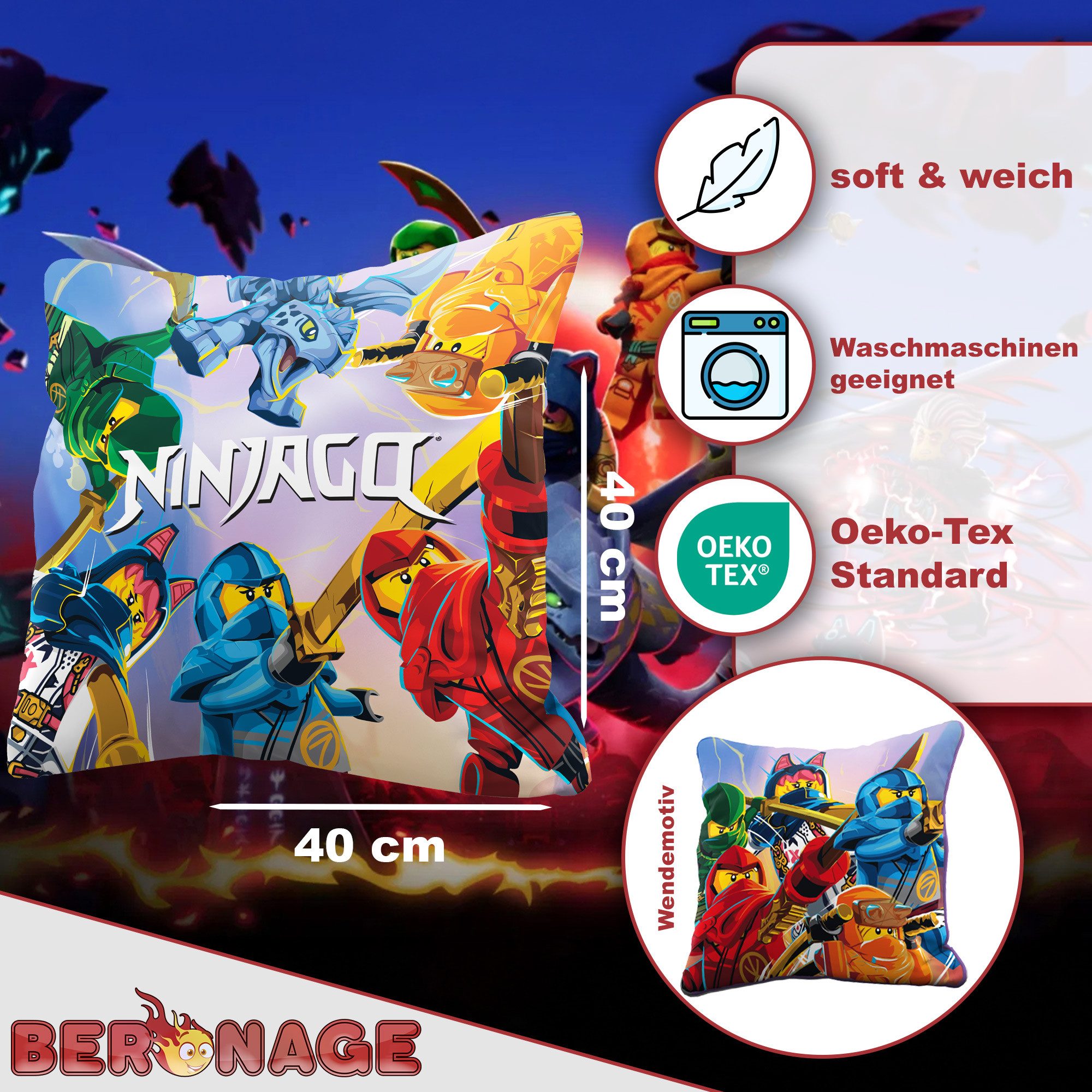 BERONAGE Dekokissen LEGO Ninjago Dragons Rising Kissen Final Battle 40x40 cm , passend zur Bettwäsche, ideal für Sofa, Couch, Bett, Auto, Camping – Bild 2 von 5