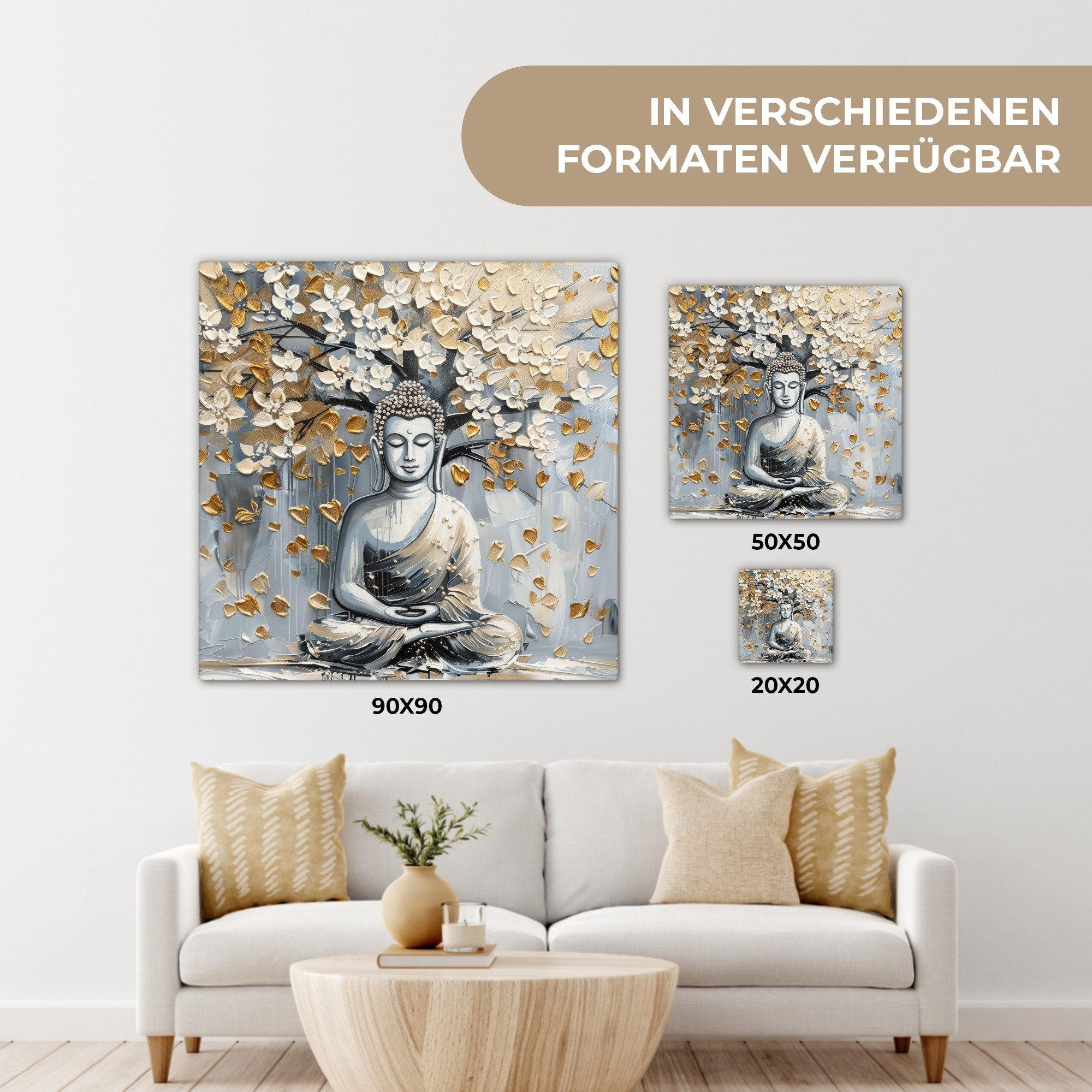 OneMillionCanvasses® Leinwandbild Buddha - Blumen - Baum - Gold - Modern, Fotodruck (1 St), Wandbild, Deko Schlafzimmer Wohnzimmer Flur 20x20 cm – Bild 5 von 5