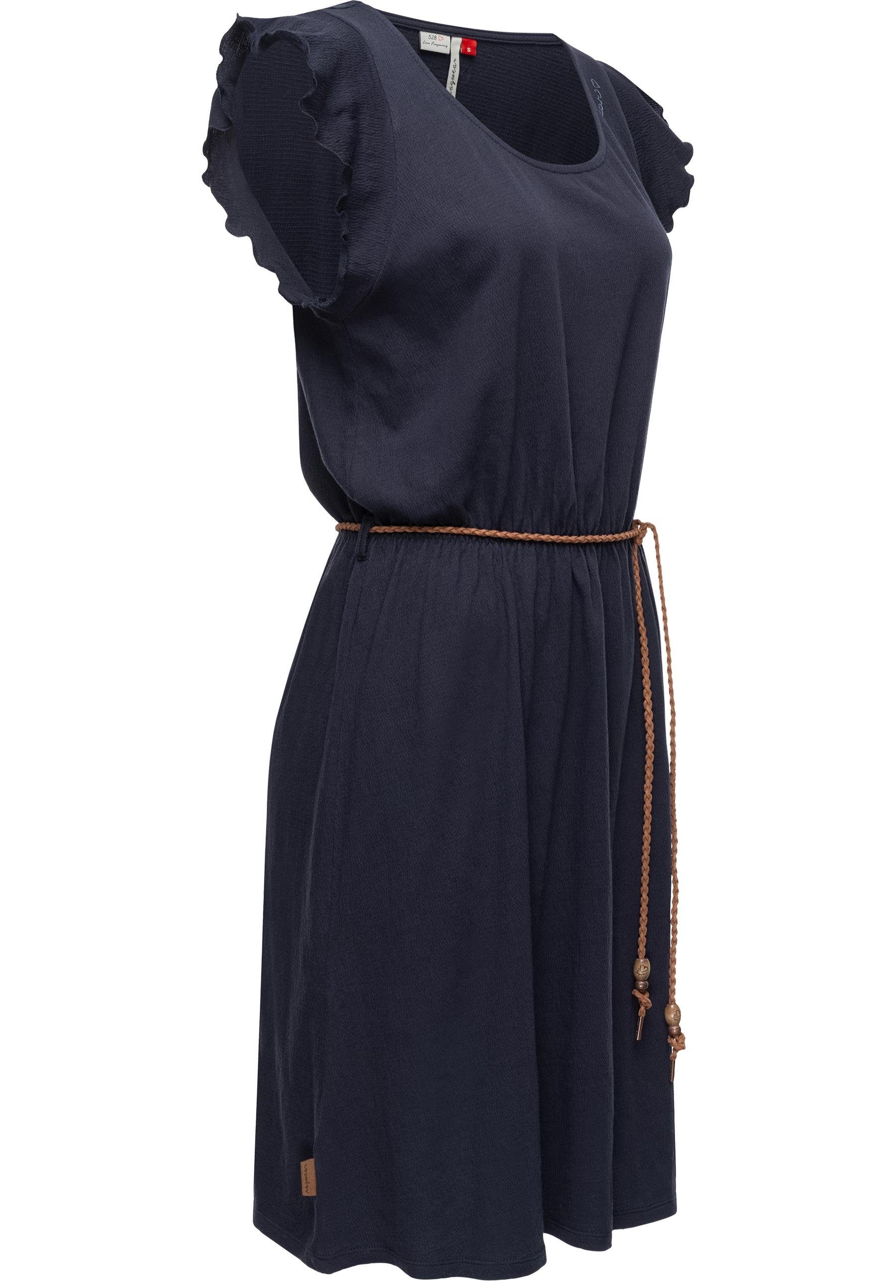 Ragwear Shirtkleid Cellia stylisches Sommerkleid mit Print und hochwertigem  Gürtel, Bequemes Kurzarm Minikleid mit süßem Rollsaum an den Ärmeln