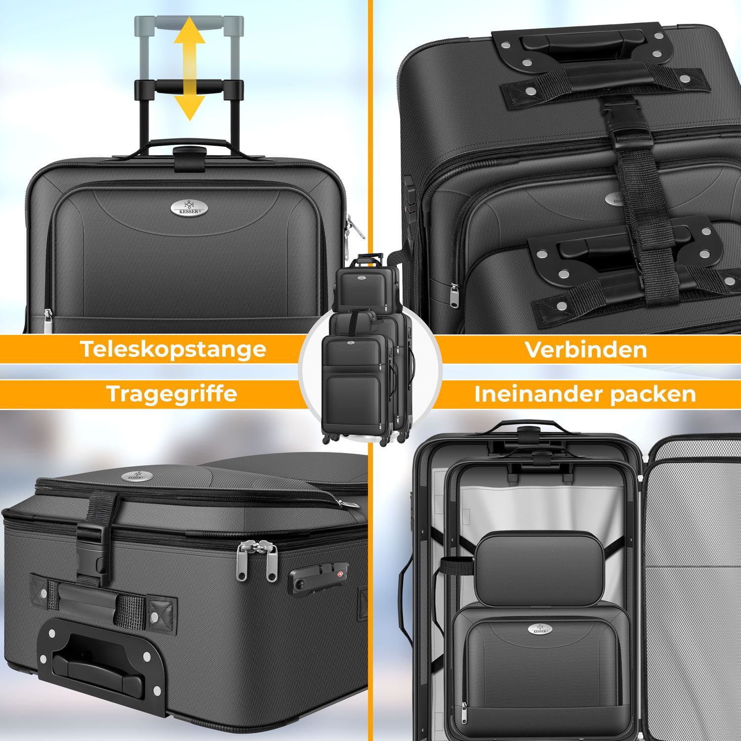 KESSER Kofferset, 4 Rollen, (4 tlg., Kosmetiktasche Handgepäck leichter Koffer & große Koffer), mit 3-Ziffern-TSA-Schloss, 360° Rollen & Teleskopgriff