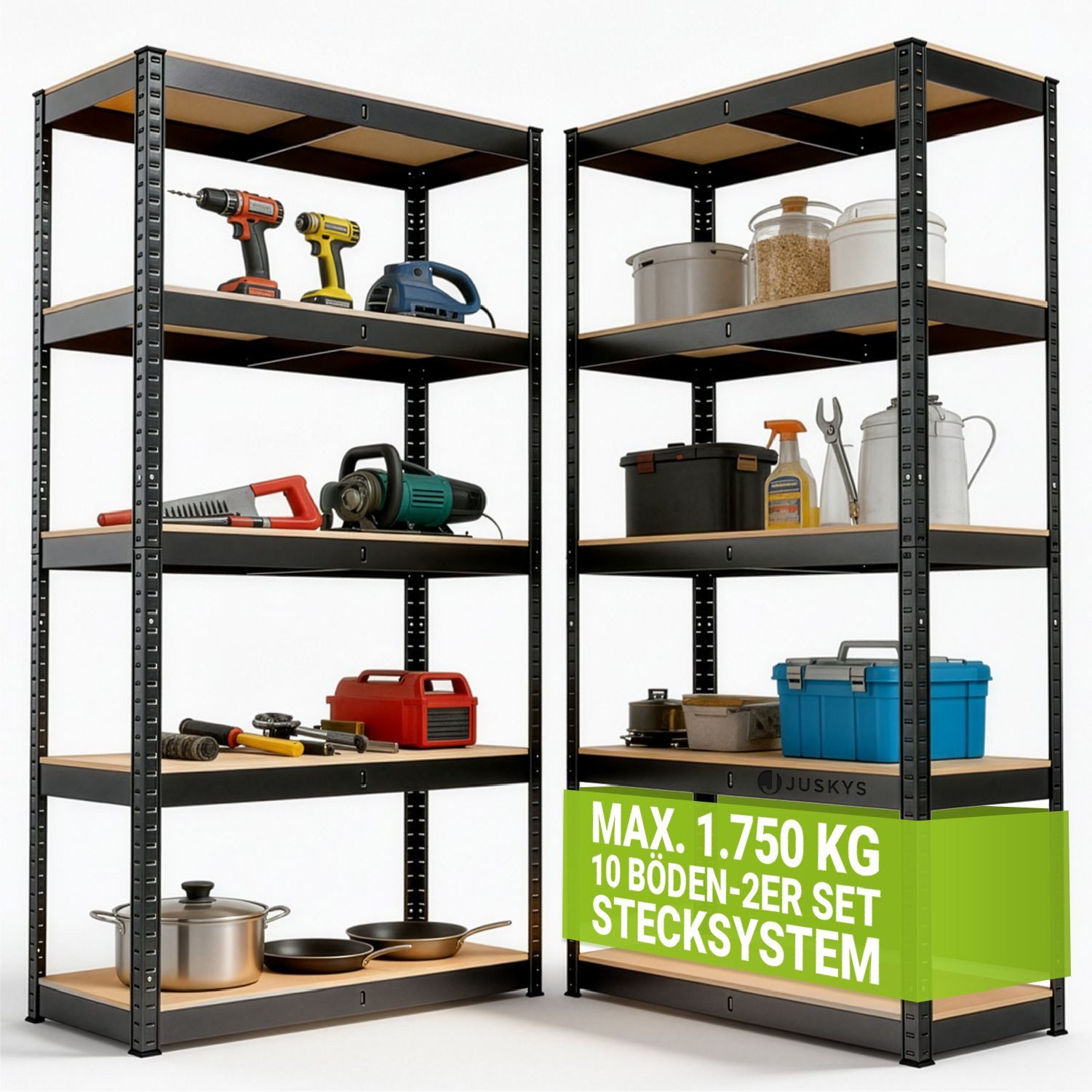 Juskys Schwerlastregal Basic, 2-tlg., Regalsystem mit 10 Einlegeböden, je 175 kg Traglast, Abstände wählbar