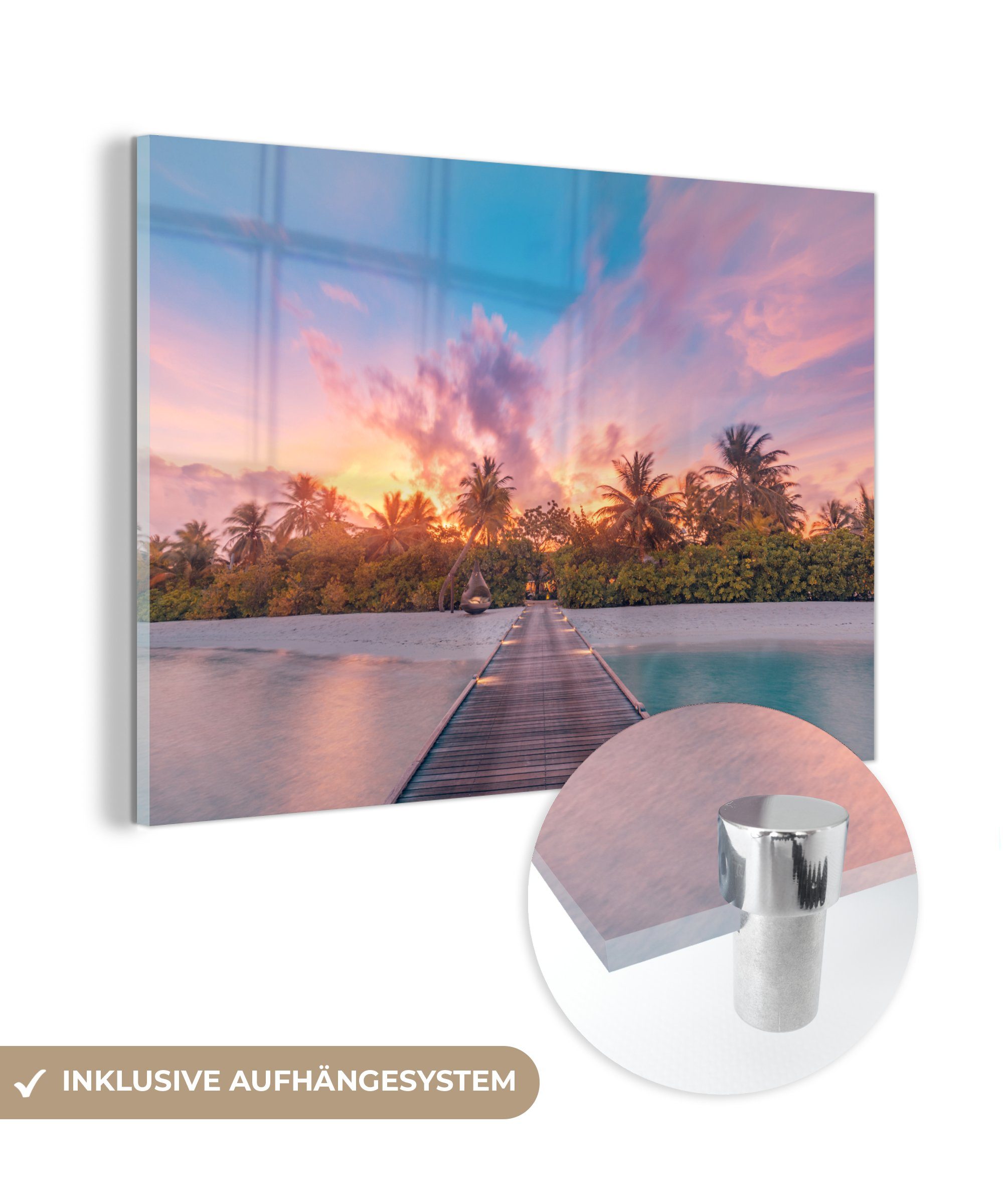 MuchoWow Acrylglasbild Sonnenuntergang auf den Malediven vom Pier aus gesehen, (1 St), Acrylglasbilder Wohnzimmer & Schlafzimmer