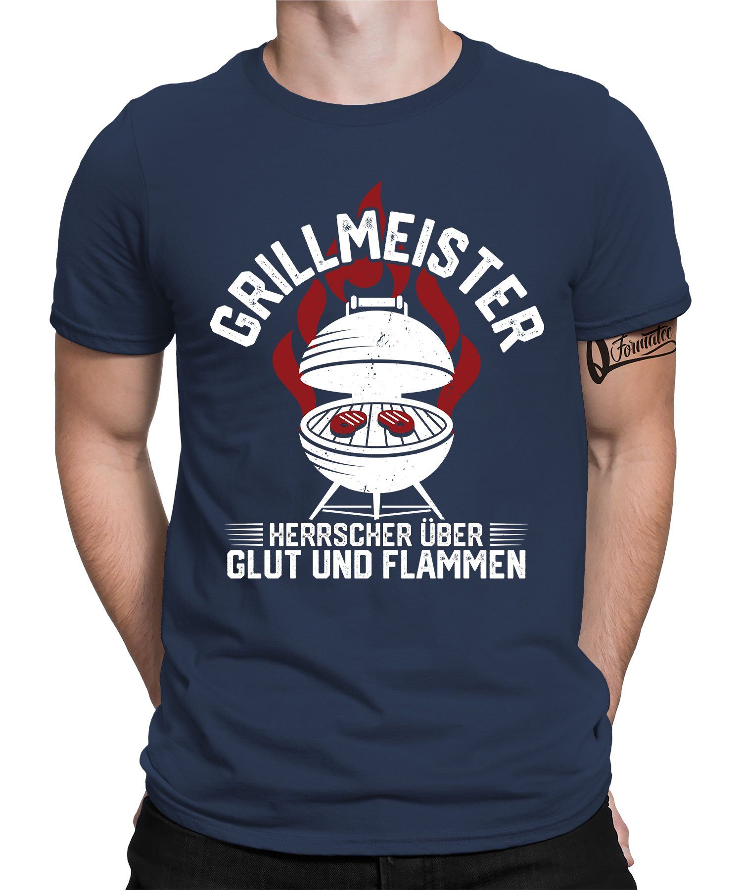 Quattro Formatee Kurzarmshirt Grillmeister Grillen Glut Flammen - Lustiger Spruch Statement Herren (1-tlg) Navy Blau