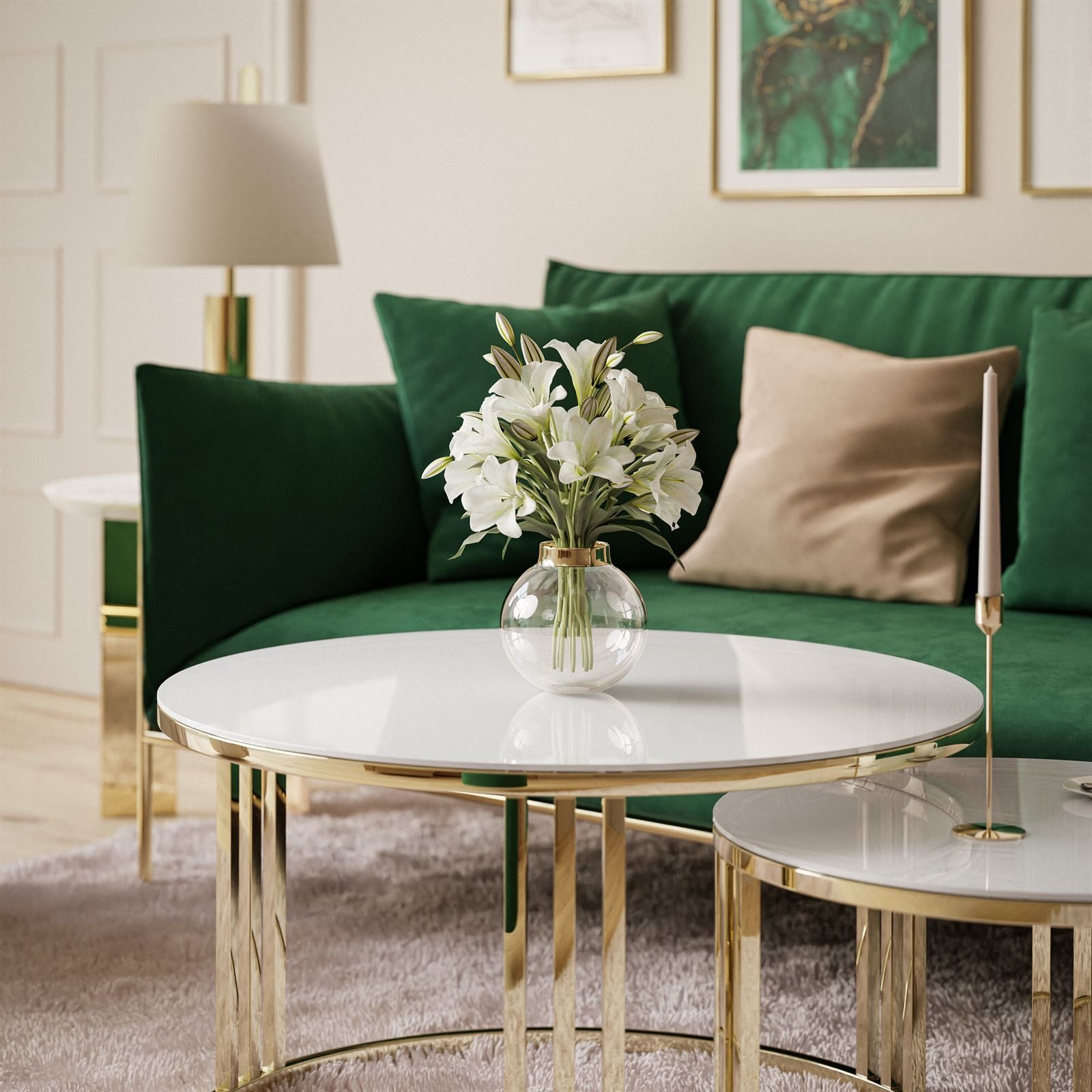 Lookway Couchtisch LORI 2in1 GLASS runder Couchtisch mit gold chrom Gestell (2er Set), Durchmesser: ⌀70 cm und ⌀50 cm