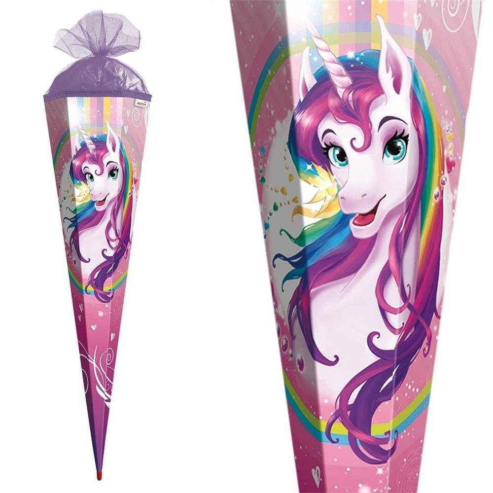 Roth Schultüte Einhornportrait, 100 cm, eckig, mit lilafarbigem Tüllverschluss, Zuckertüte Schulanfang