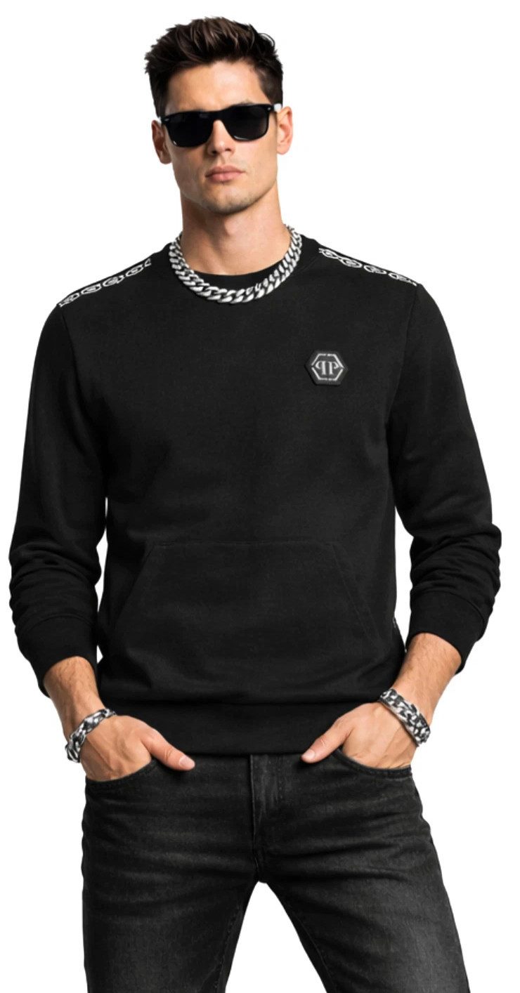 PHILIPP PLEIN Sweatshirt Sweater Tape Logo Pulli Pullover eine Kängurutasche und gerippte Abschlüsse
