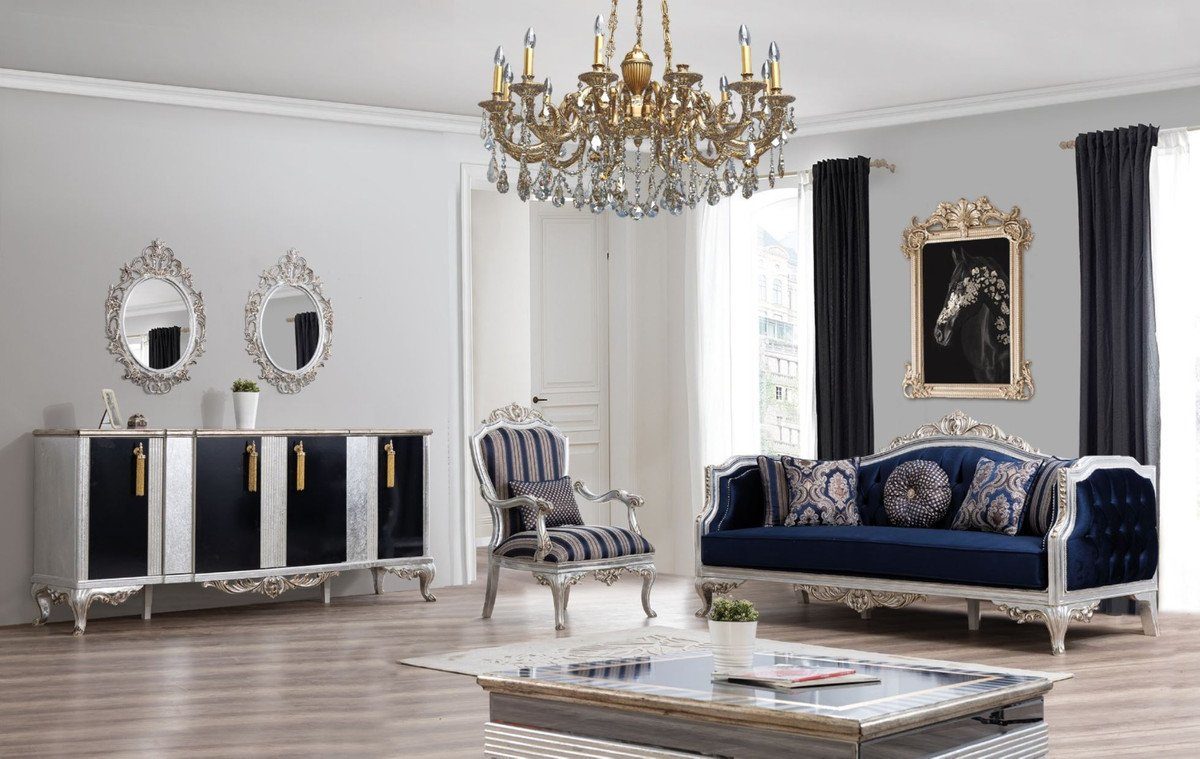 Casa Padrino Sofa Luxus Silber Sofa Möbel H. Barock - - x x Gold / Prunkvoll Blau im cm 90 110 Barockstil - Wohnzimmer 228 Sofa / & Barock Edel