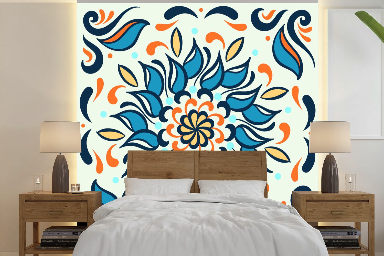 MuchoWow Fototapete Sonnenblume - Blätter - Blau - Orange, Matt, bedruckt, (5 St), Vinyl Tapete für Wohnzimmer oder Schlafzimmer, Wandtapete