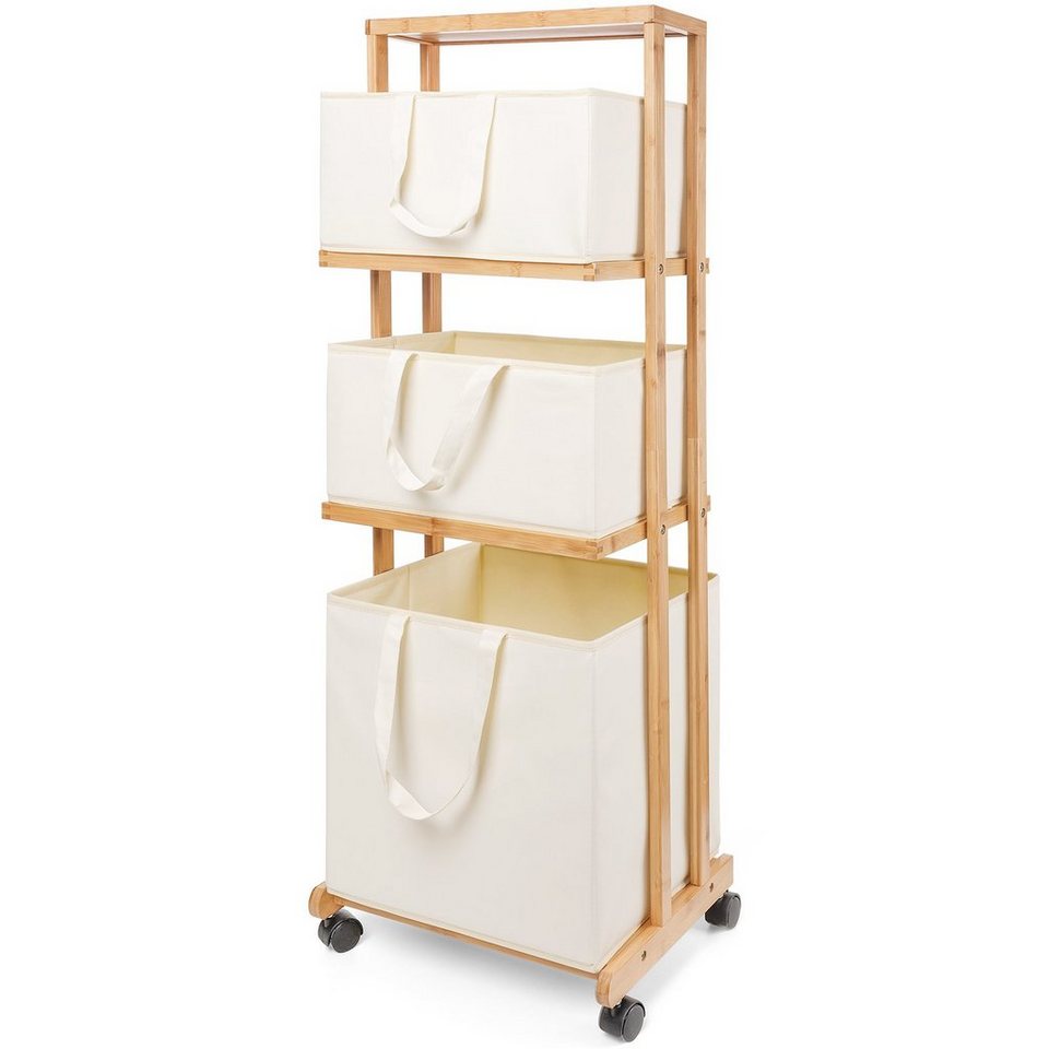 Yorbay Wäschekorb Wäschesammler aus Bambus 50kg belastbar, 115x36x45.5cm ( Mit Rollen, mit 4 Ebenen, mit 3 abnehmbaren Aufbewahrungskörben), Badregal  Wäschewagen Wäschebehälter für Badezimmer, Waschküche
