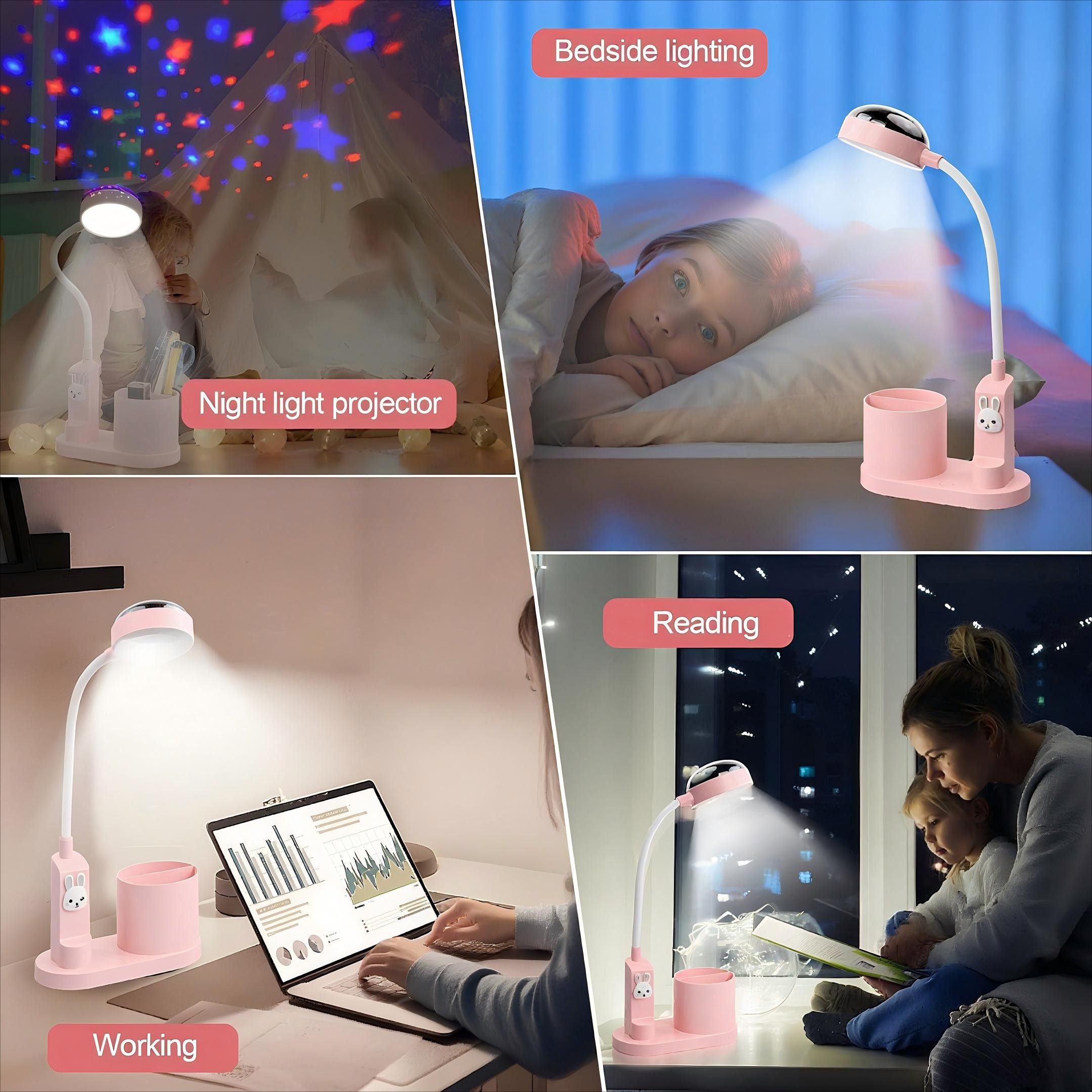 POPOLIC LED Schreibtischlampe LED-Stifthalterleuchte, dimmbare Projektion verstellbarer Lichtmast, 2-in-1 Schreibtischlampe, Farbwechsel, mehrere Helligkeitsstufen