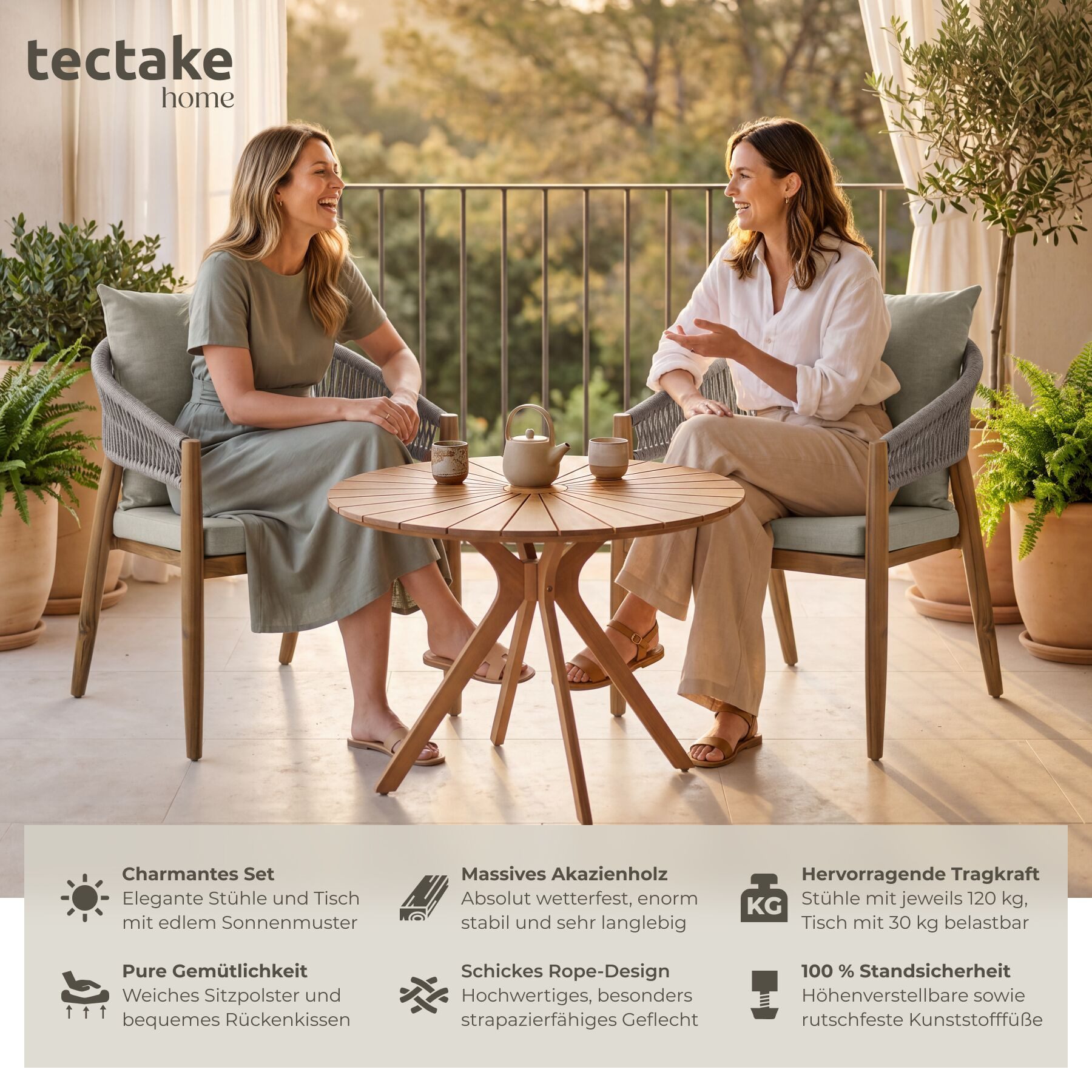 tectake Gartenlounge-Set Wetterfestes Gartenmöbelset aus Akazienholz mit, (Gartenmöbel Set 3-Teilig, 3-tlg., in Greige), Wasserabweisende, abnehmbare Bezüge, Inkl. Sitzpolster und Kissen