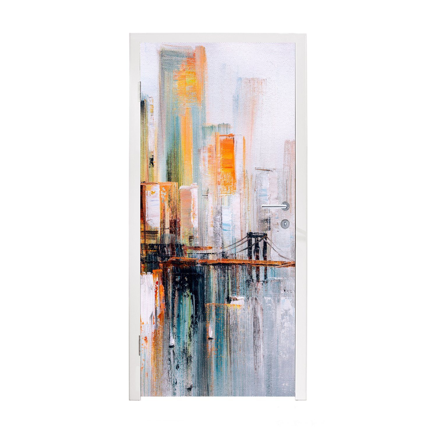 MuchoWow Türtapete Ölgemälde - Skyline - Abstrakt, Matt, bedruckt, (1 St), Fototapete für Tür, Türaufkleber, 75x205 cm