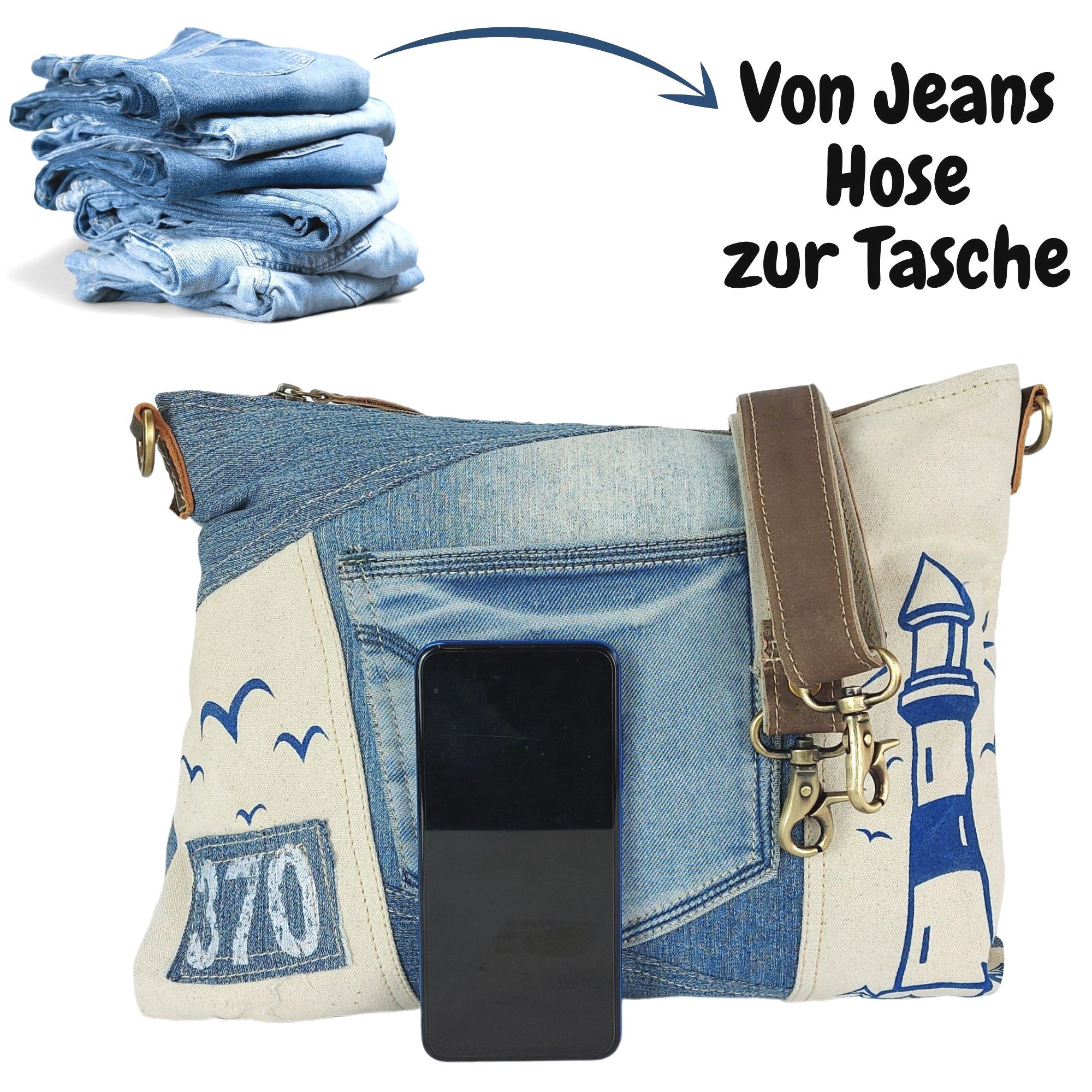 Sunsa Umhängetasche Maritim Umhängetasche Schultertasche Crossbody Tasche, echtes Leder Henkel, Maritim Druck, enthält recyceltes Material
