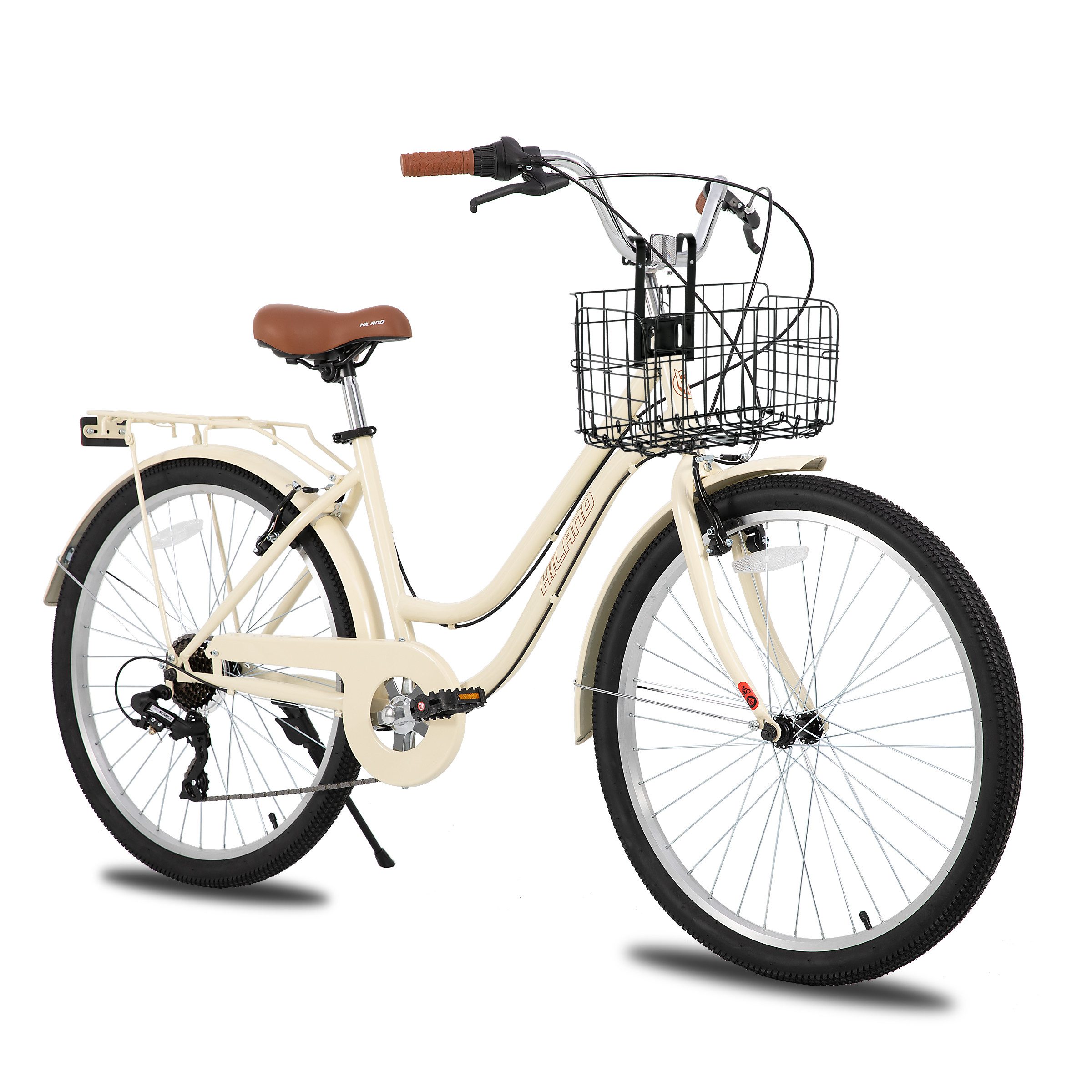HILAND Cityrad 26 Zoll Beach Cruiser Bike für Männer und Frauen, Step-Through Rahmen, Step-Through Rahmen mit Gepäckträger und Korb,7 Gang