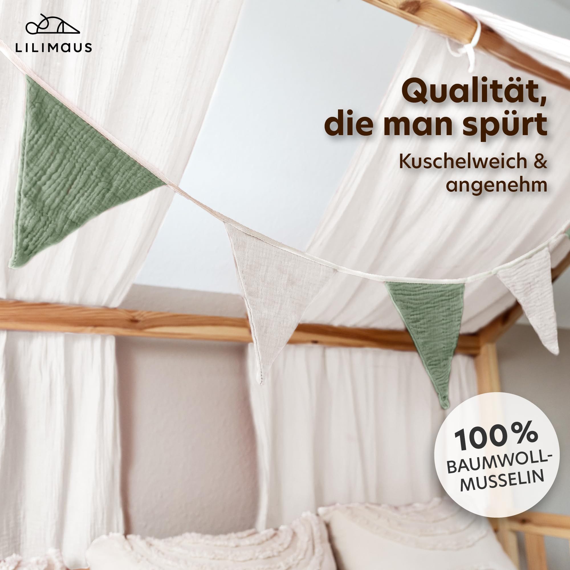 lilimaus Wimpelkette Handgemachte Wimpelkette für Kinderzimmer aus Musselin Baumwolle, Stilvolle Girlande aus Baumwolle - Perfekt für Kinderzimmer Deko