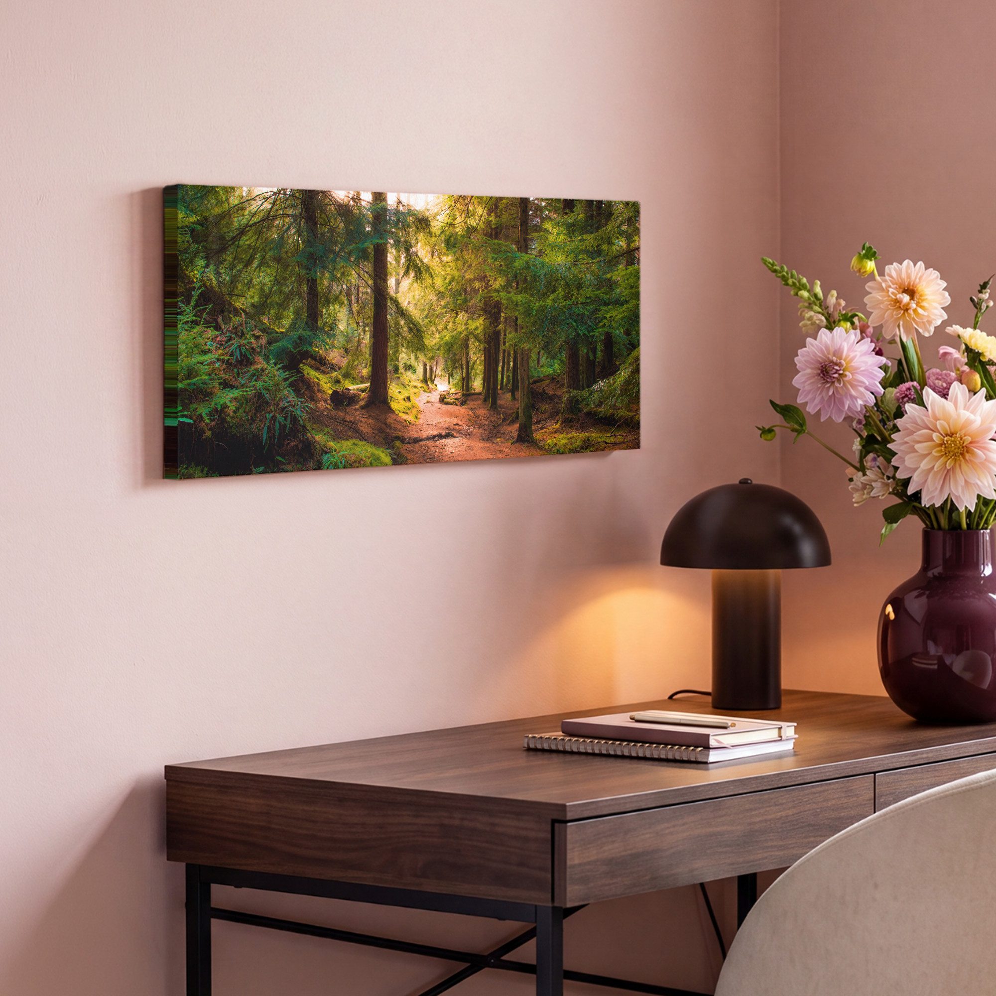 OneMillionCanvasses® Leinwandbild Panorama Wald - Weg - Bäume - Grün - Sonne - Natur, Fotodruck (1 St), Wandbild, Deko Schlafzimmer Wohnzimmer Flur 40x20 cm – Bild 4 von 5