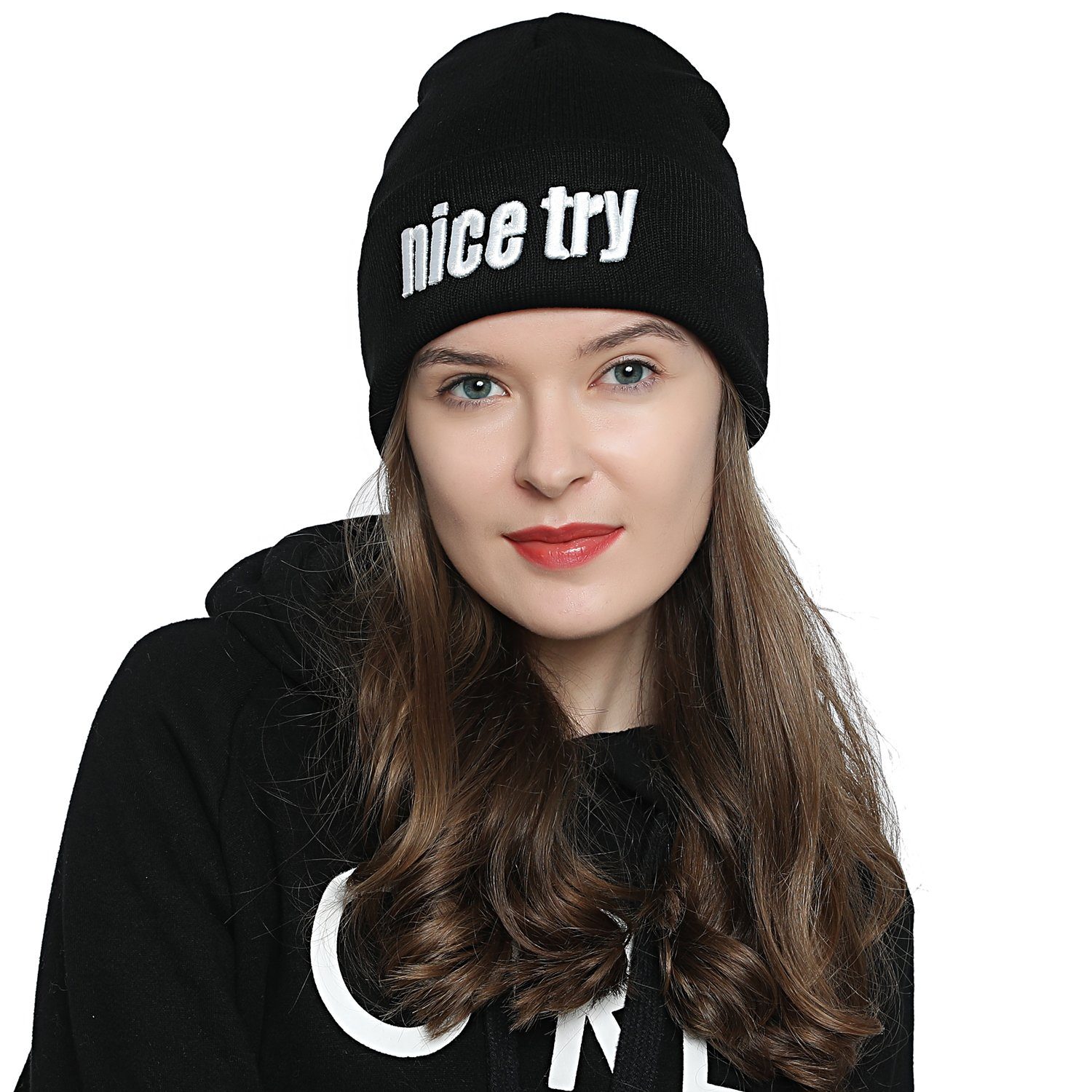 Wintermütze, Strickmütze Damen Beanie 1-St) - Statement-Print, coolem mit try" schwarz DonDon Beanie Krempe mit "nice Winter (Packung, Stylische