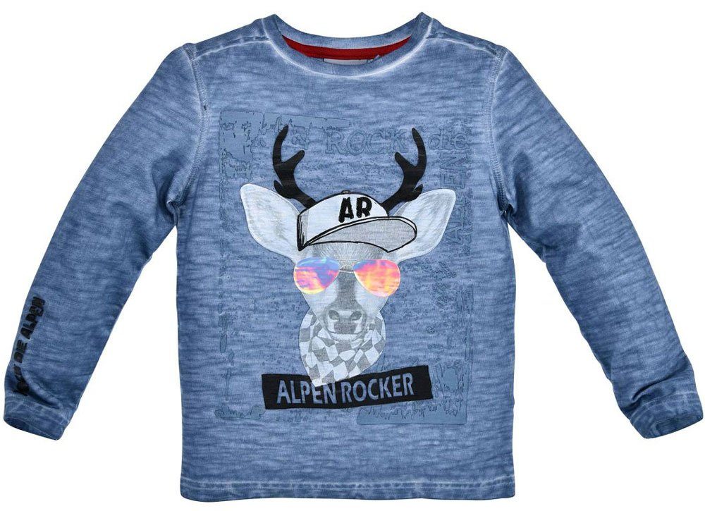 BONDI Langarmshirt Jungen Pullover "Alpenrocker" mit Hirschmotiv 29922 -  Smoke Blau, Coole Kinder Kleidung