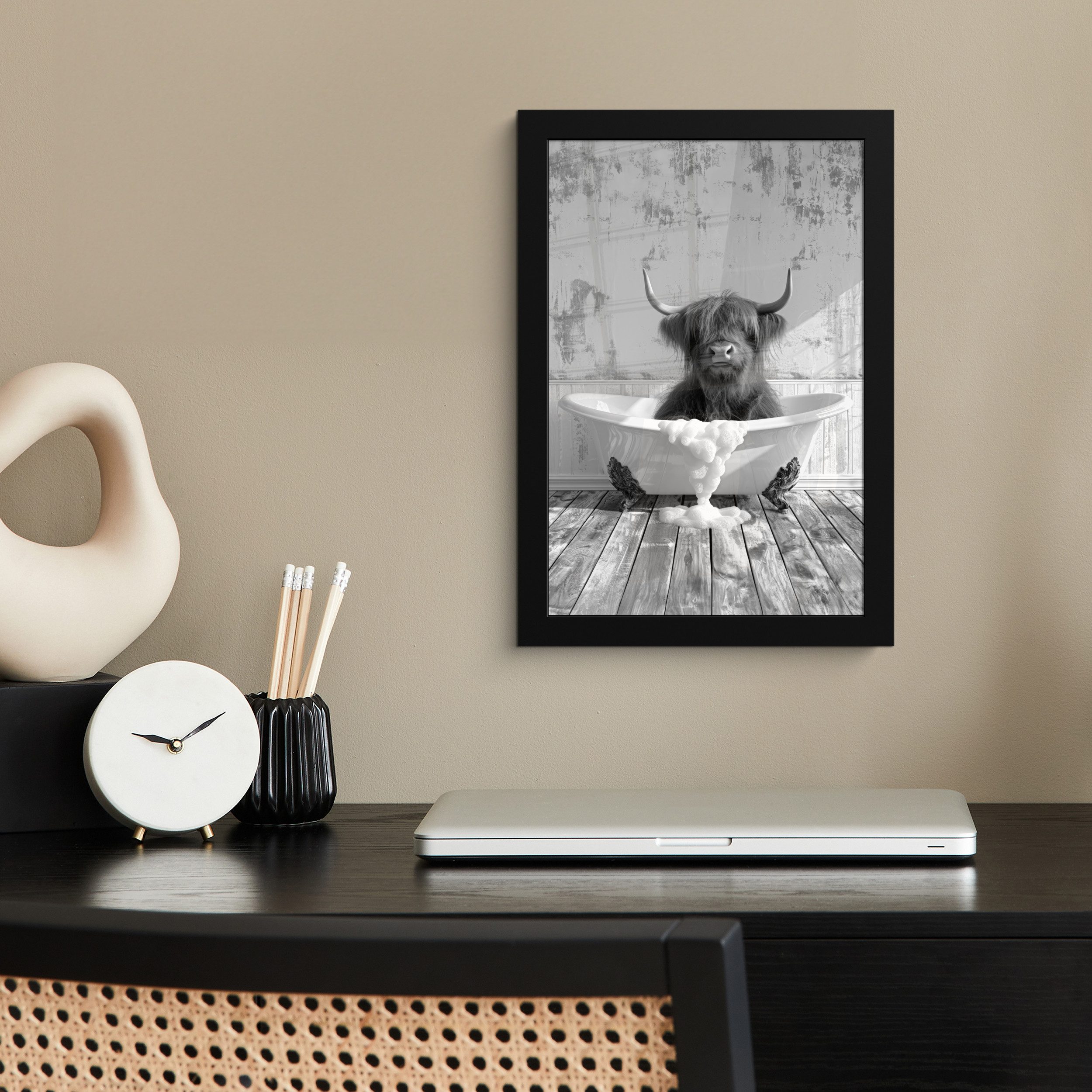 MuchoWow Poster Scottish Highlander - Tier - Badewanne - Schwarz - Weiß, (1 günstig online kaufen