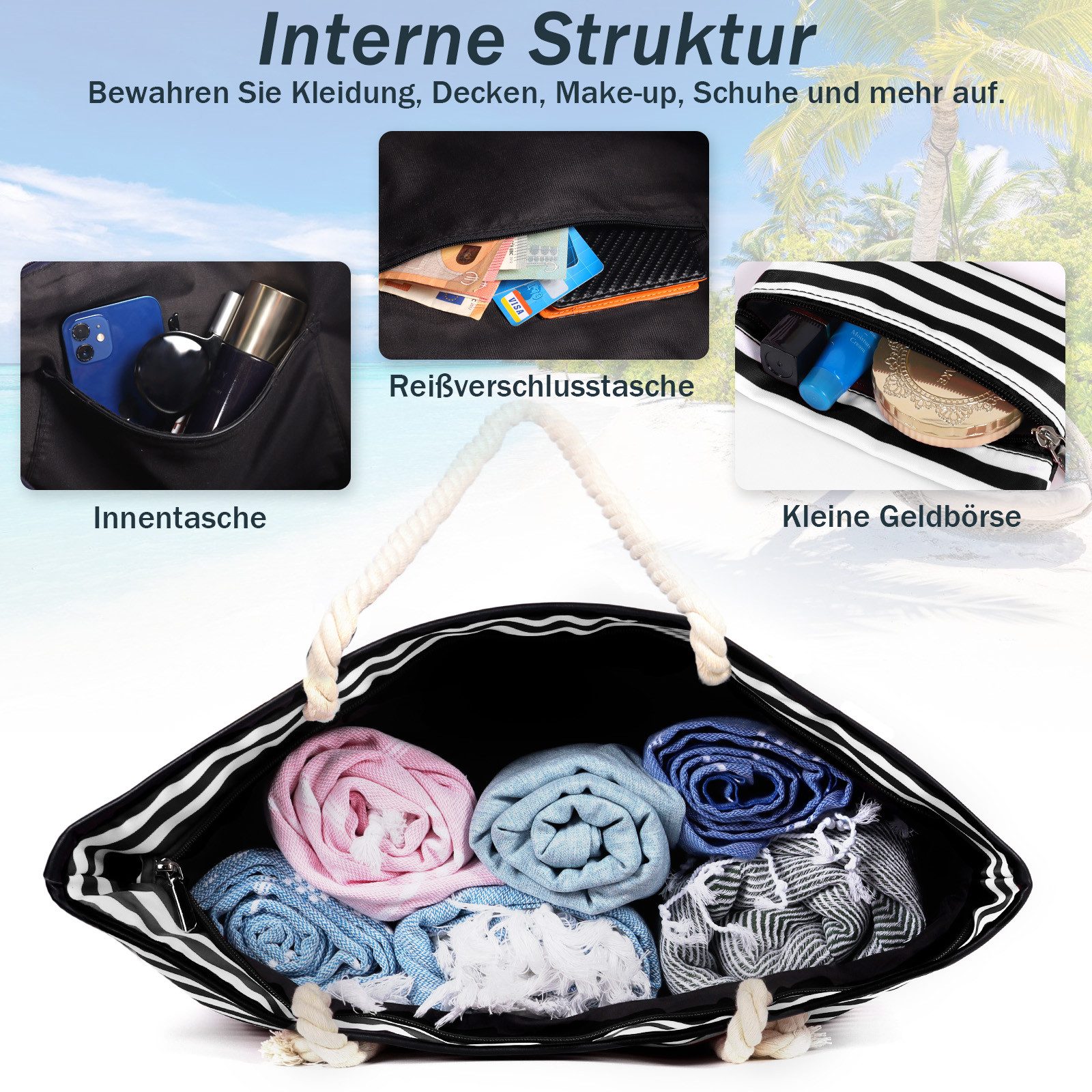 TAN.TOMI Strandtasche Grosse Strandtasche Shopper Mit Reissverschluss Wasserdicht Badetasche, Damen Strandtasche XL Familie Beach Tote Bag Inkl Kleinem Beutel – Bild 5 von 5