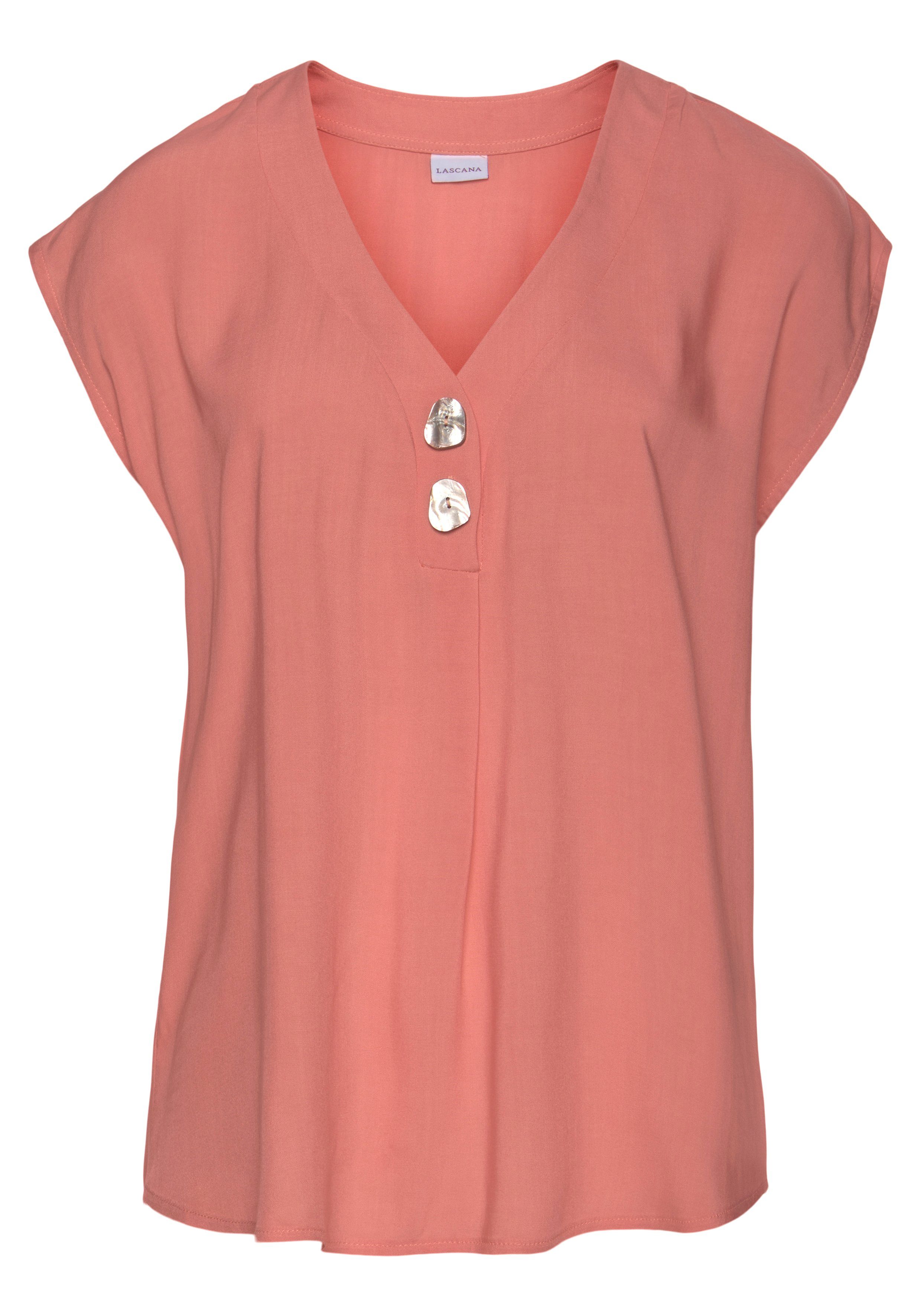 LASCANA Schlupfbluse mit tiefem V-Ausschnitt und modischen Knöpfen luftige Kurzarmbluse, lässiges Blusenshirt, Basic – Bild 2 von 5