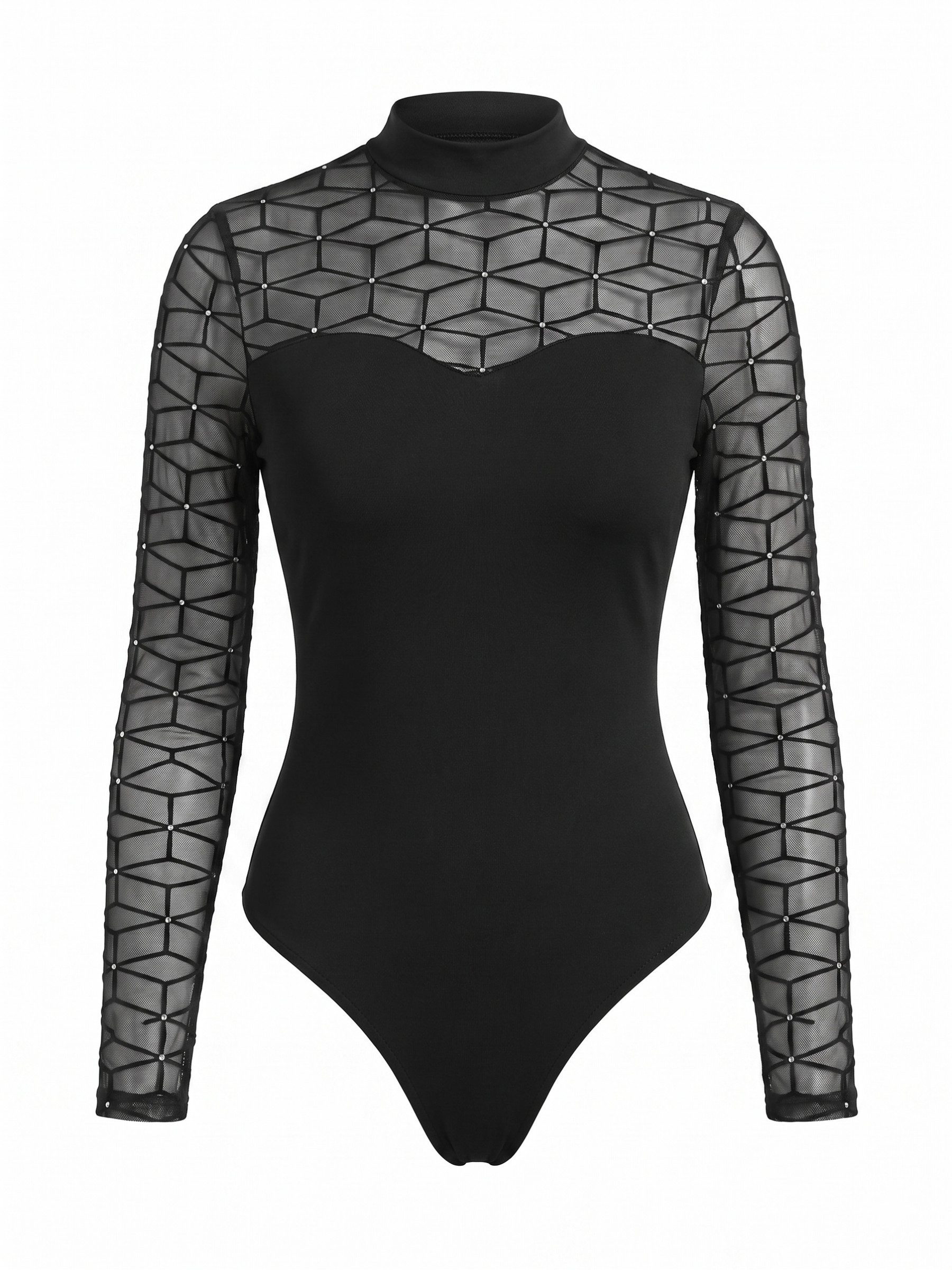 Elegant Love Langarmbody Damen-Bodysuit aus Netzstoff mit Wabenmuster – Netzbody Transparenter Body – Party-Oberteil mit Stehkragen