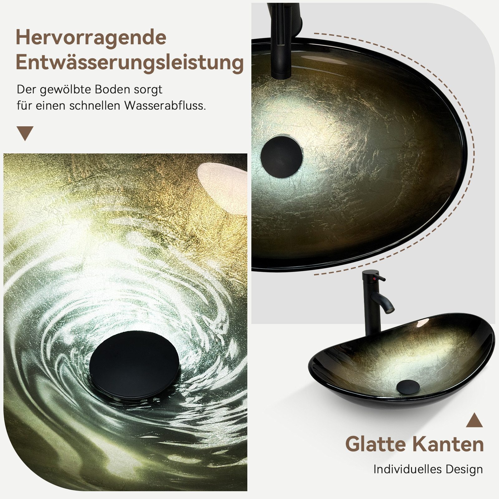 Puluomis Aufsatzwaschbecken Waschbecken Set mit Wasserhahn und Ablaufgarnitur Oval, Handgezeichnet Waschschale, Waschplätze für Badezimmer Küche WC