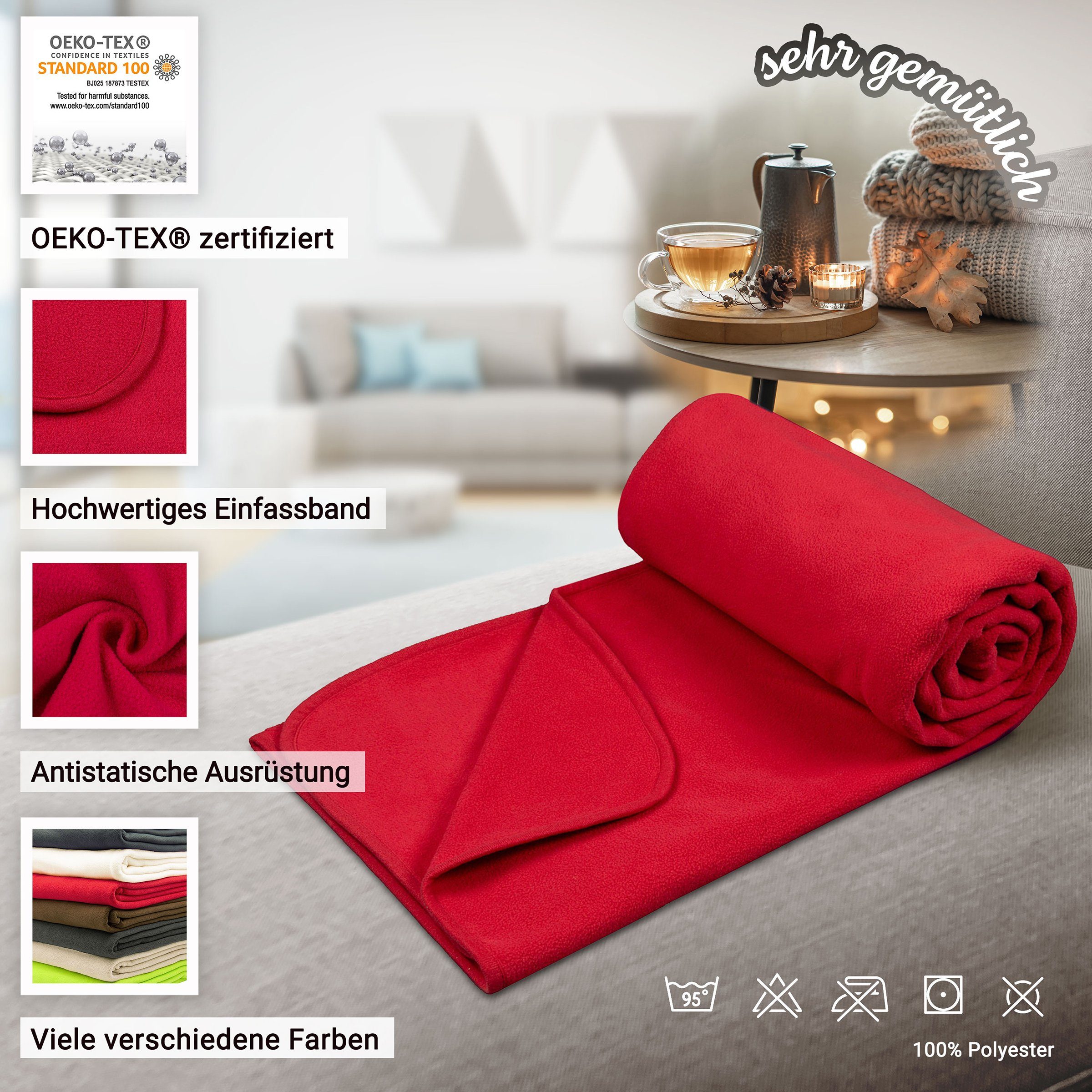 Einfassband, Farben verfügbar Polyester, Wohndecke, in 170 x cm, vielen hochwertiges ZOLLNER, 130 modernen 100% rot