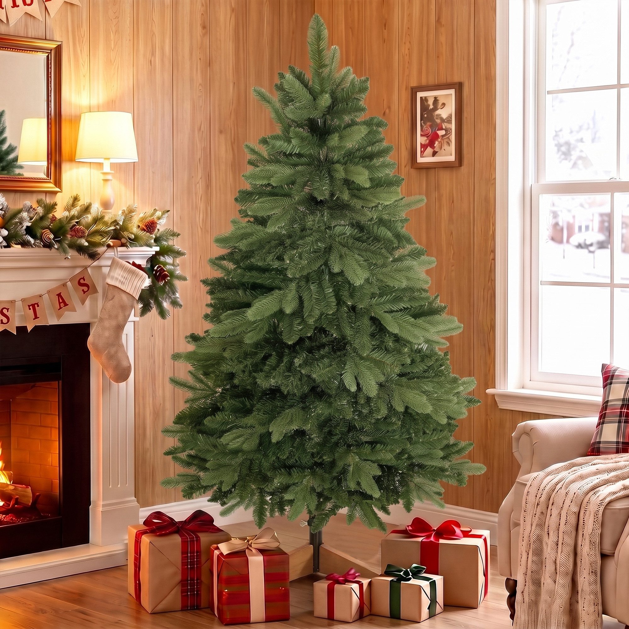 HOMCOM Künstlicher Weihnachtsbaum Christbaum 150 cm mit 525 naturgetreuen Spitzen, Edeltanne, Klappäste, flammhemmend, Holzständer