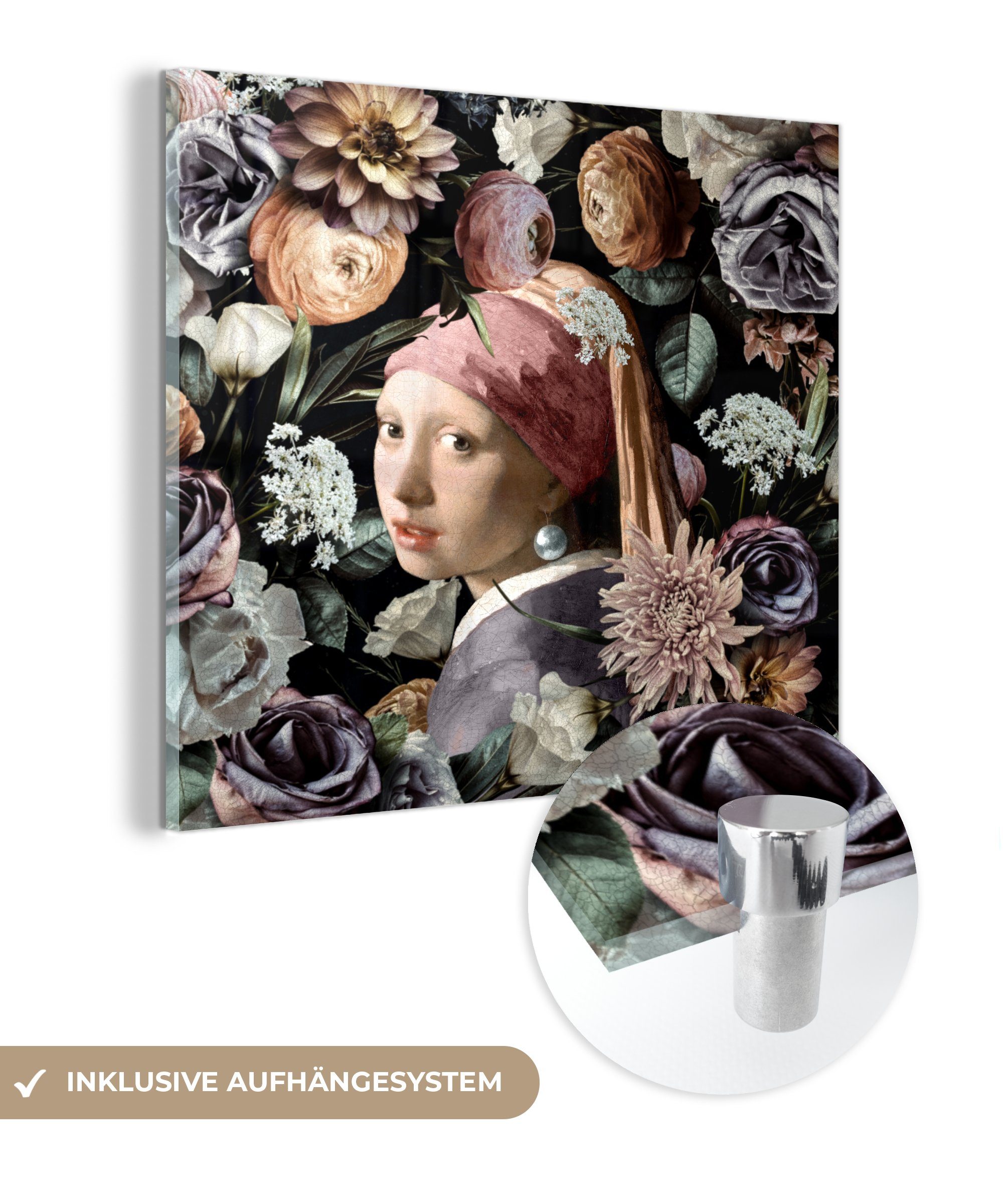MuchoWow Acrylglasbild Mädchen mit Perlenohrring - Blumen - Vermeer - Pastell - Kunstwerk -, (1 St), Glasbilder - Bilder auf Glas Wandbild - Foto auf Glas - Wanddekoration bunt
