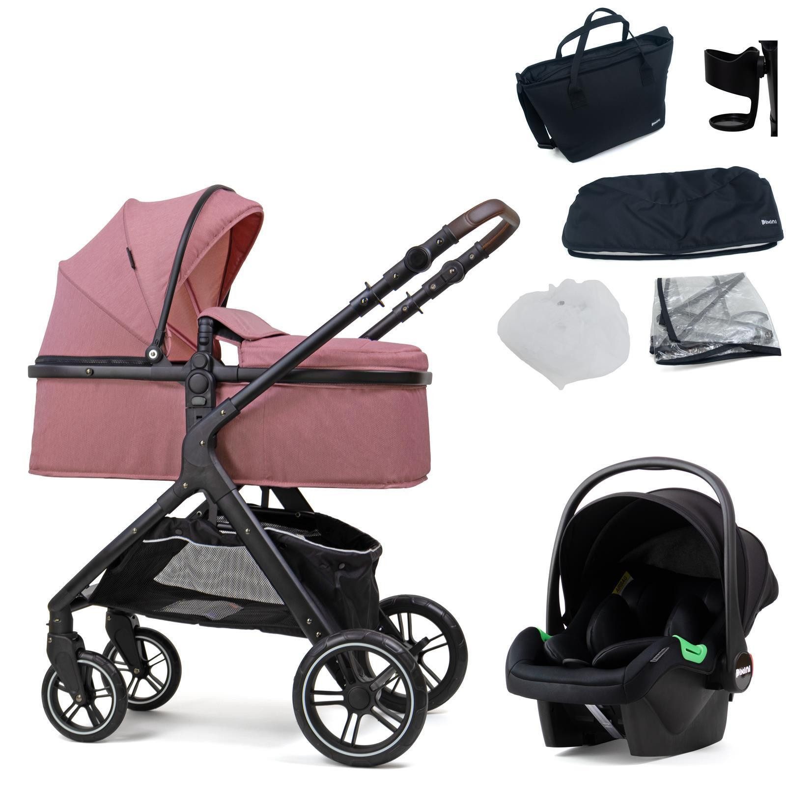 Pixini Kombi-Kinderwagen Pixini Nelio Kinderwagen 3in1 Set, Feststellbremse,Sicherheitsbügel abnehmbar, verstellbare Rückenlehne