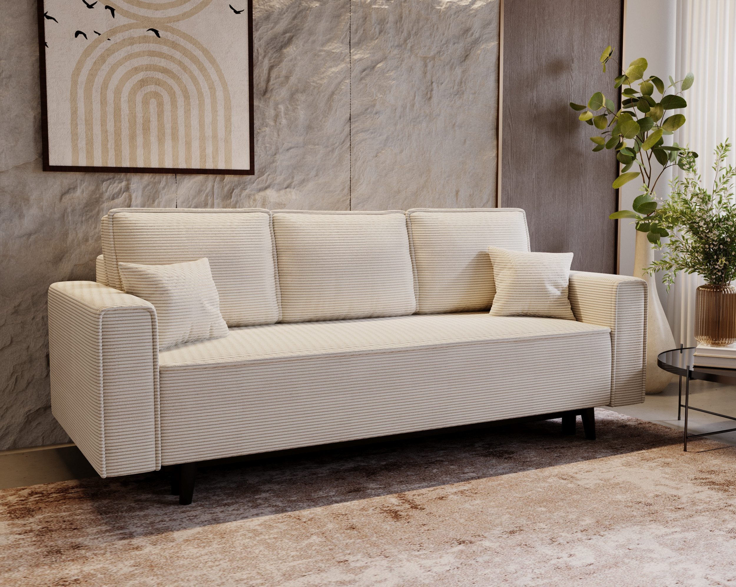 Goldstoff Schlafsofa Cordstoff - LUX 225 cm - Sofa mit schlaffunktion und Bettkasten, Einzelsofa / Couch mit Schlaffunktion - Liegefläche 200 × 124 cm